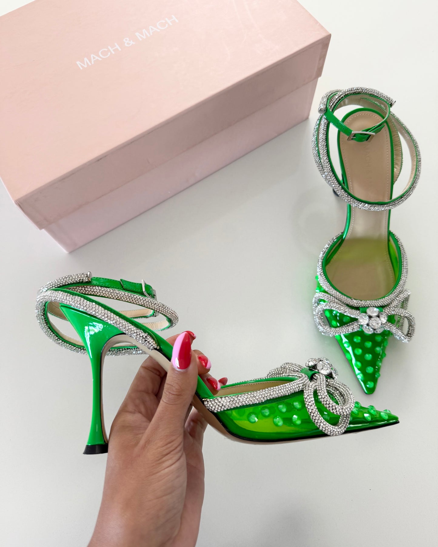 Mach & Mach Limited Edition Green PVC Spotted Double Wrap Bow Embellished Pumps