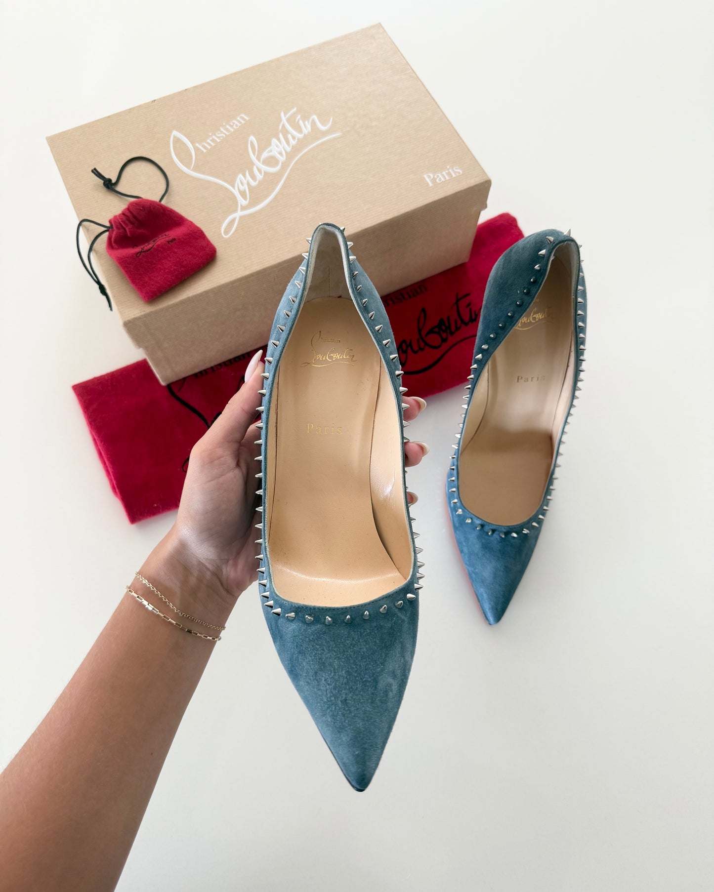 Christian Louboutin Anjalina Velour Grey Blue 100’s with Spikes Size 42