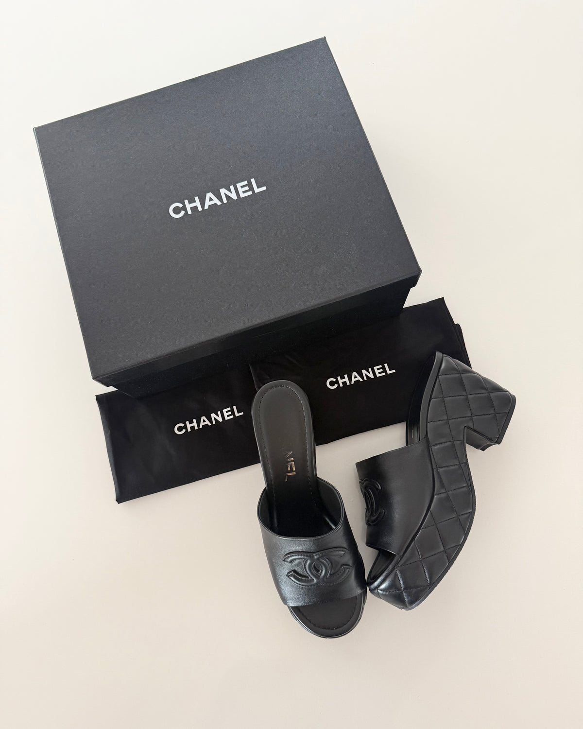 Chanel Black Quilted Platform Logo Heeled Mules Size 40