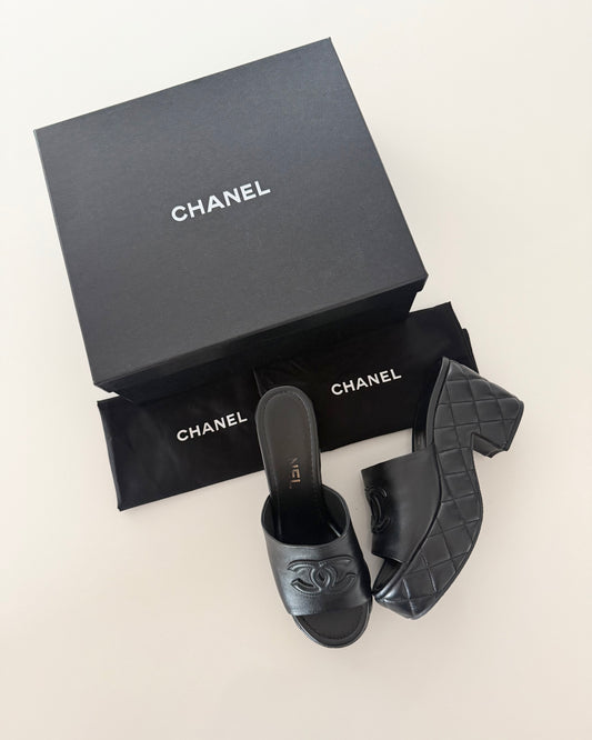 Chanel Black Quilted Platform Logo Heeled Mules Size 40