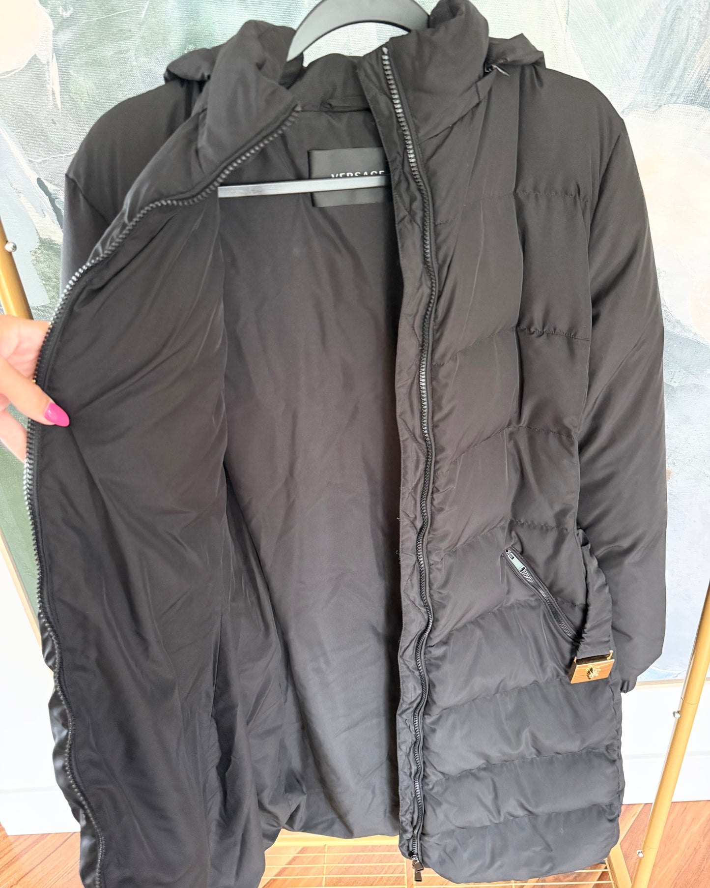 Versace Black Medusa Belted Removable Hooded Long Puffer Coat Size 46