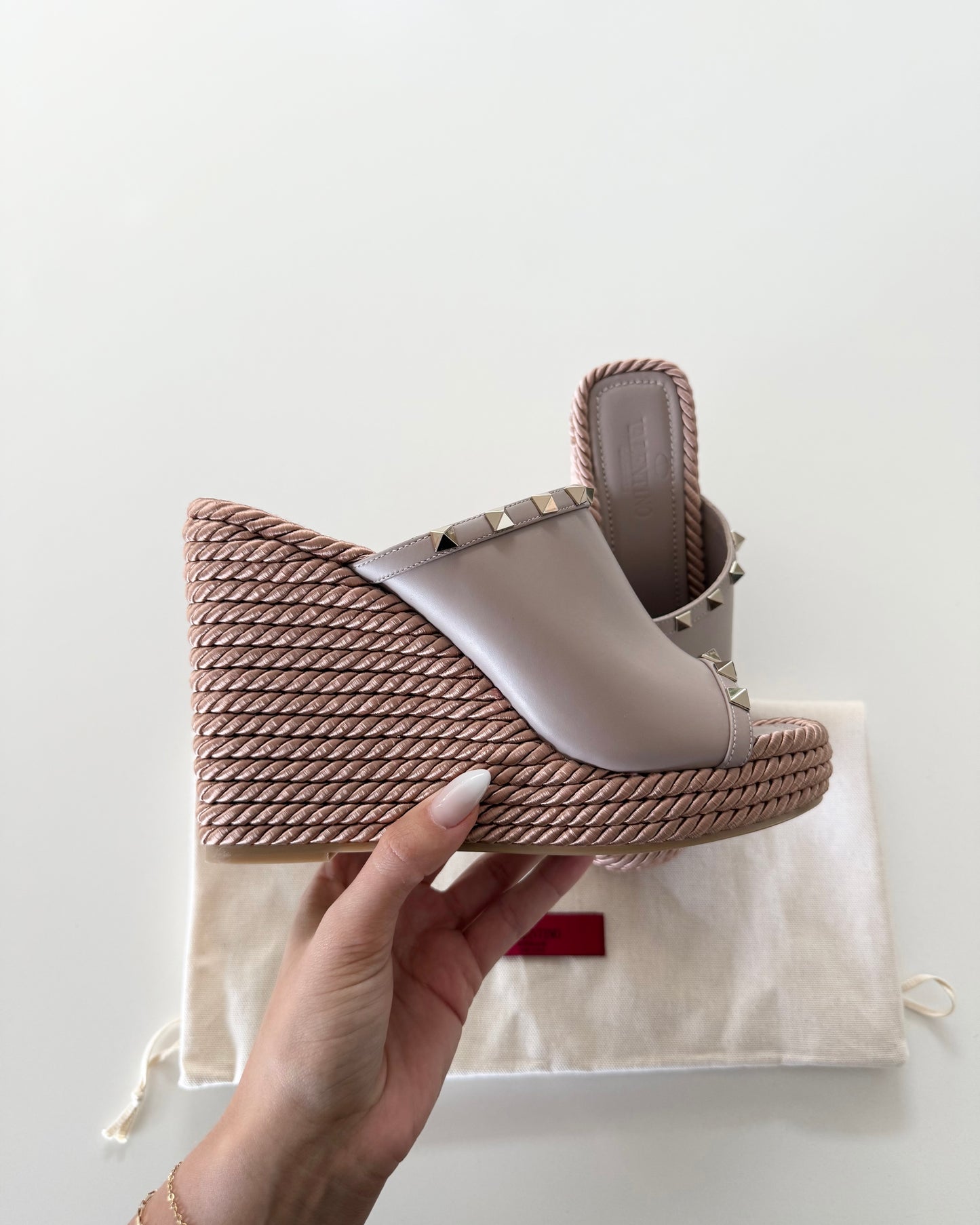 Valentino Beige with Light Gold Rockstud and Rose Roped Espadrilles Size 38