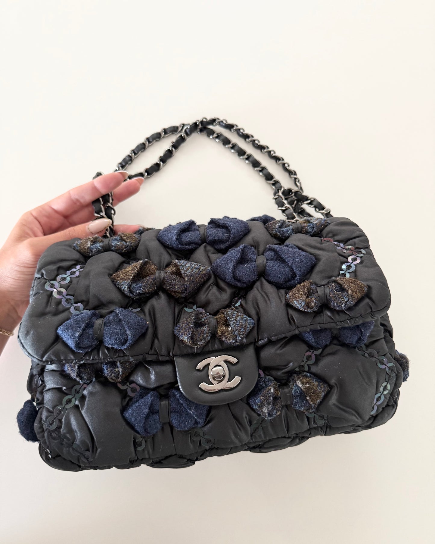 Chanel RARE Black Puffy Nylon Navy Tweed Bow and Sequin Bubble Flap Bag
