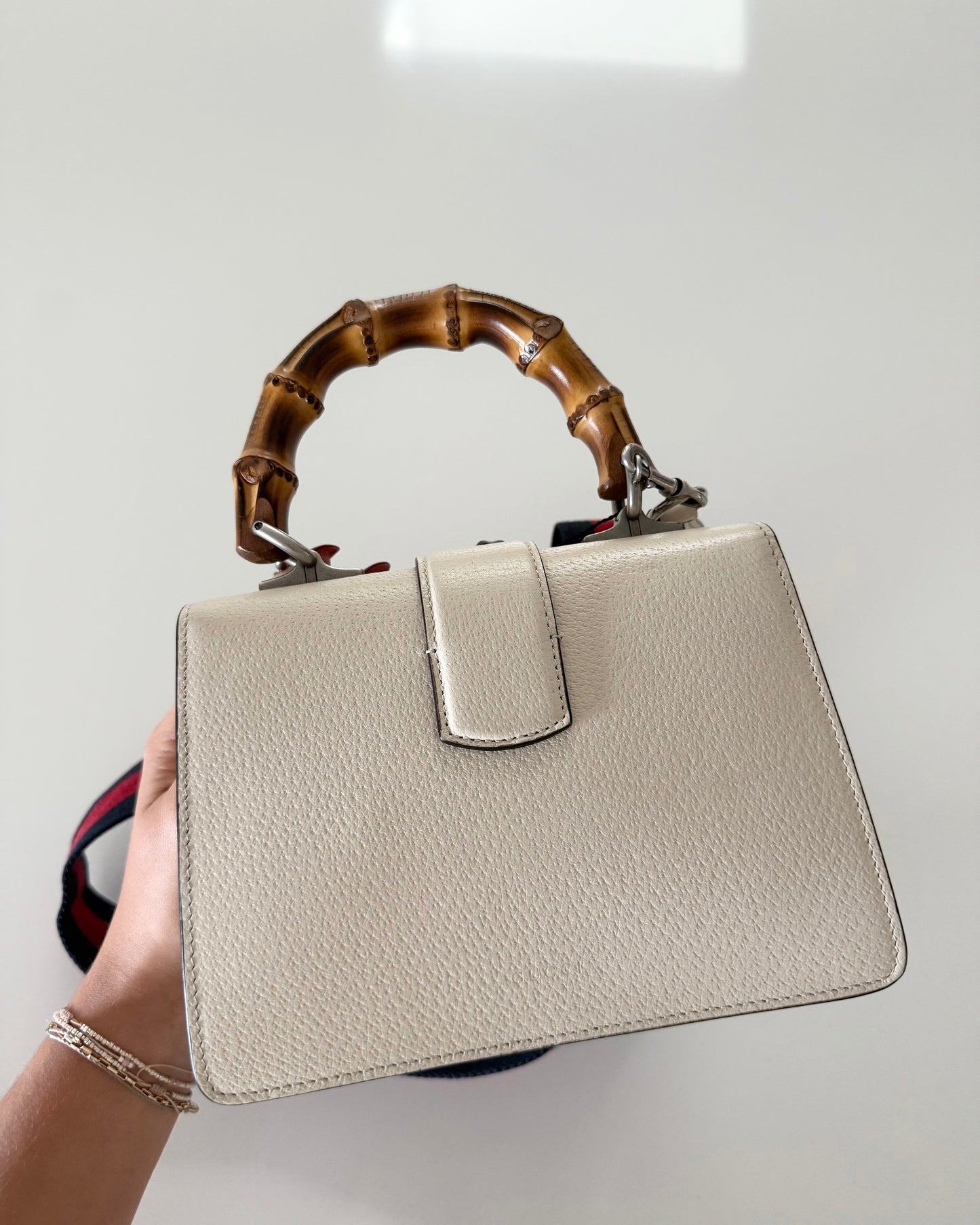 Gucci White Pebbled Crystal Dionysus Web Mini Bamboo Top Handle