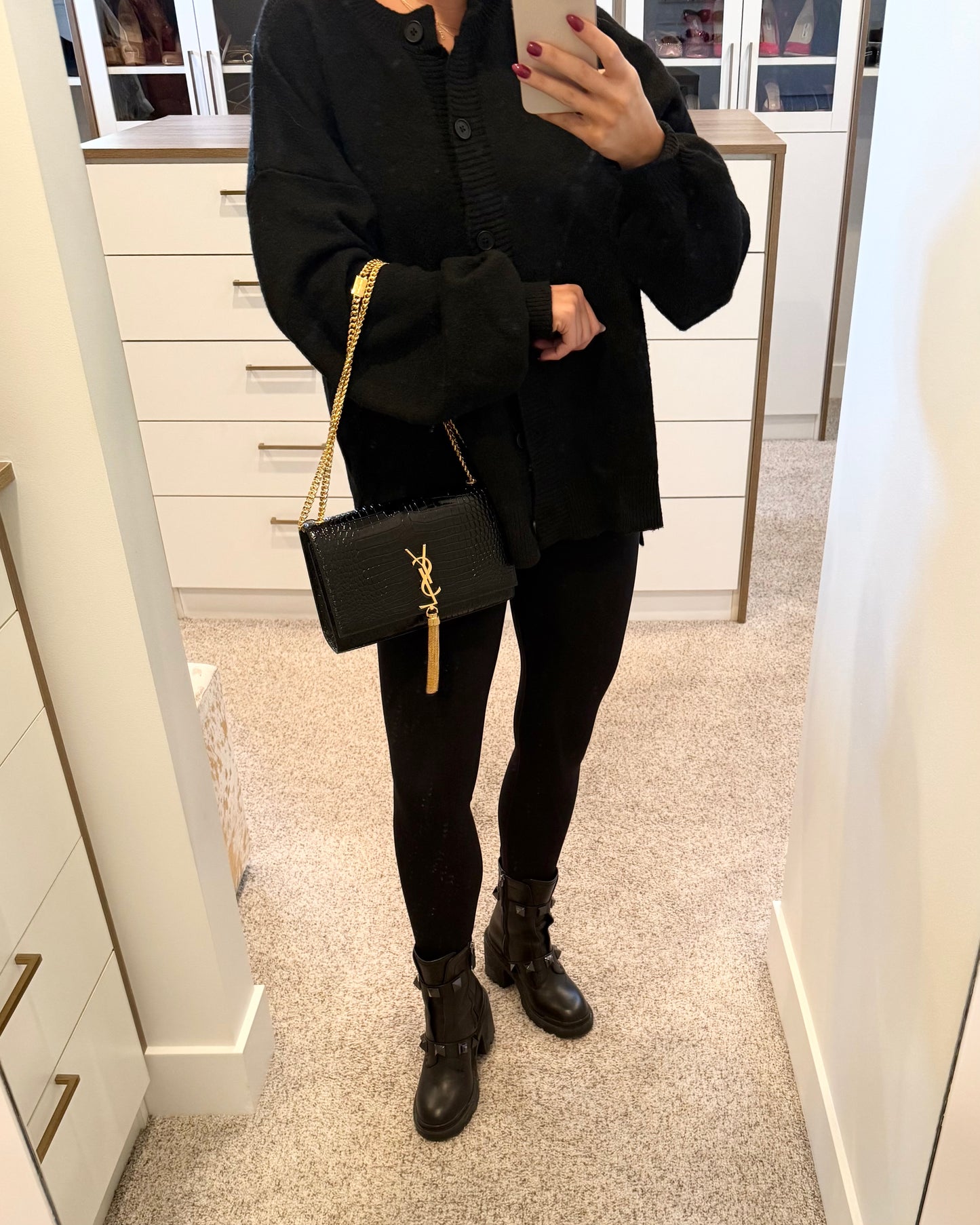 Saint Laurent Black Croc Embossed Patent Leather Medium Kate