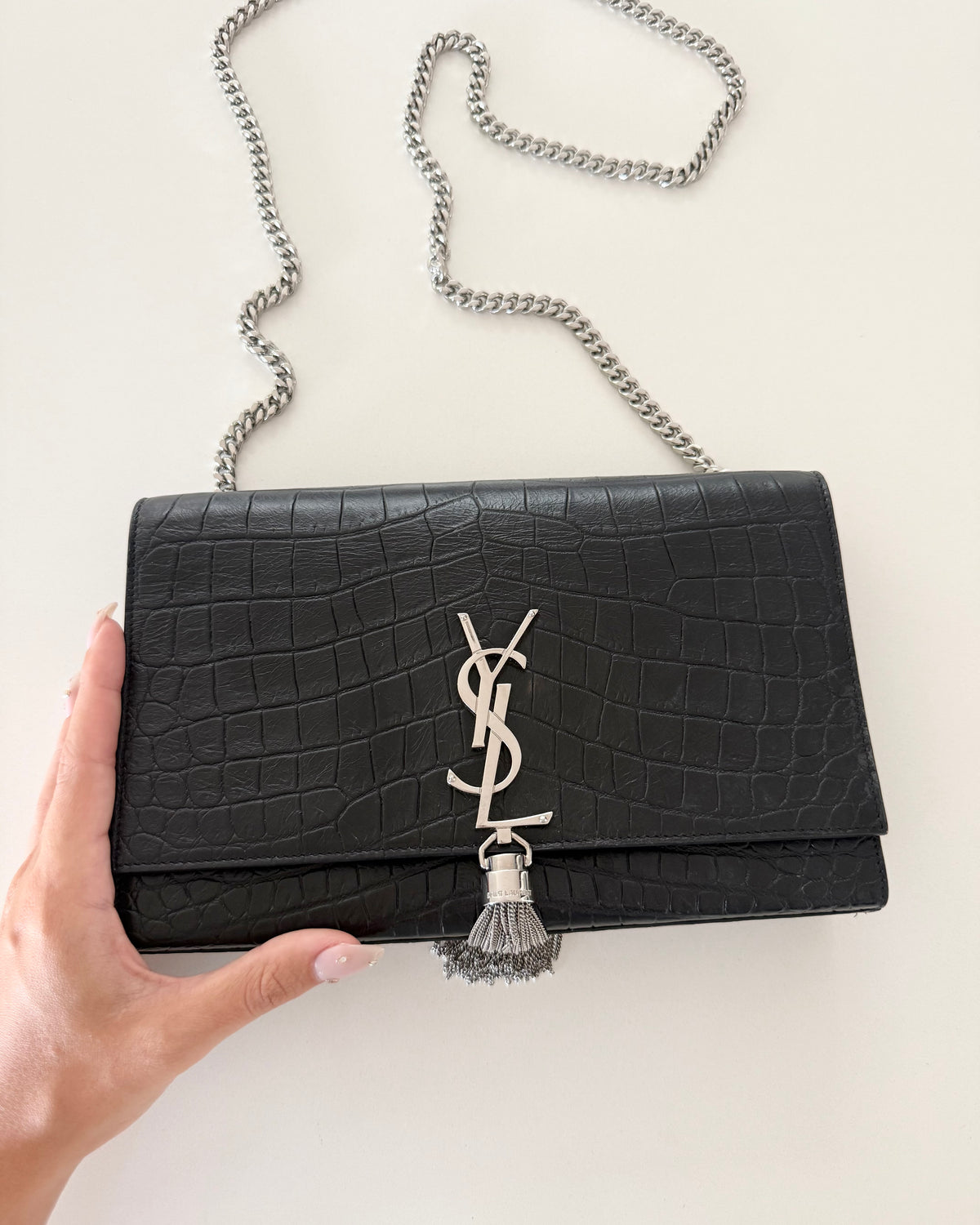 Saint Laurent Black Croc Embossed Medium Kate Tassel Bag