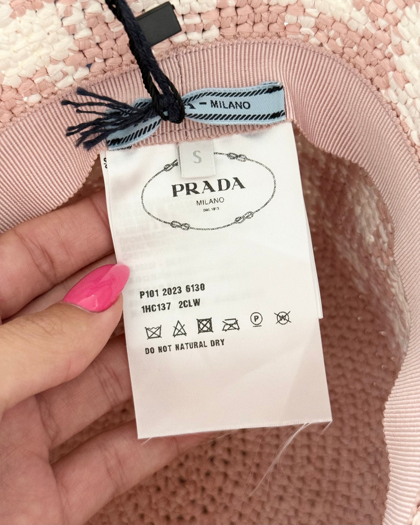 Prada Pink and White Raffia Bucket Hat Size Small