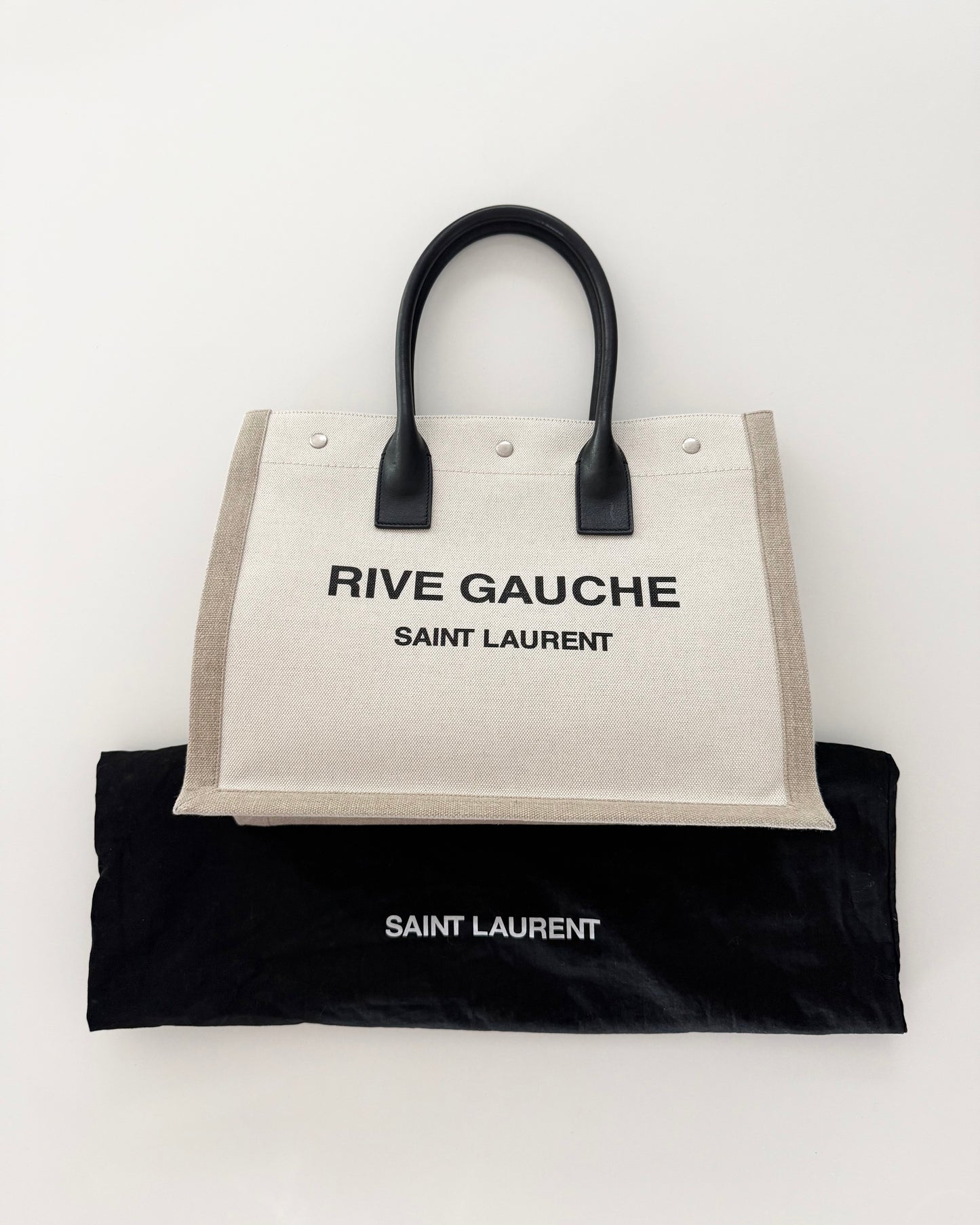 Saint Laurent Linen and Black Leather Rive Gauche Tote Bag