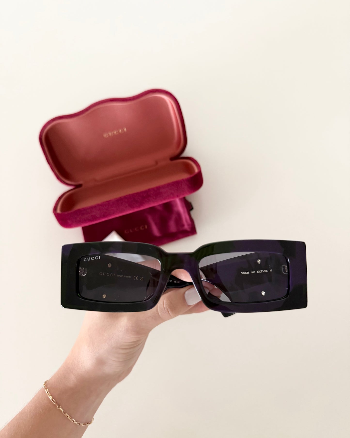 Gucci Black + Purple Tortoise Rectangular Sunglasses