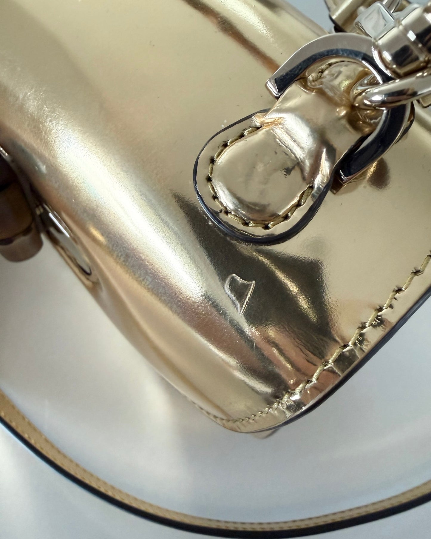 Gucci Limited Edition Gold Metallic Patent Leather Mini 1947 Bamboo Top Handle Bag