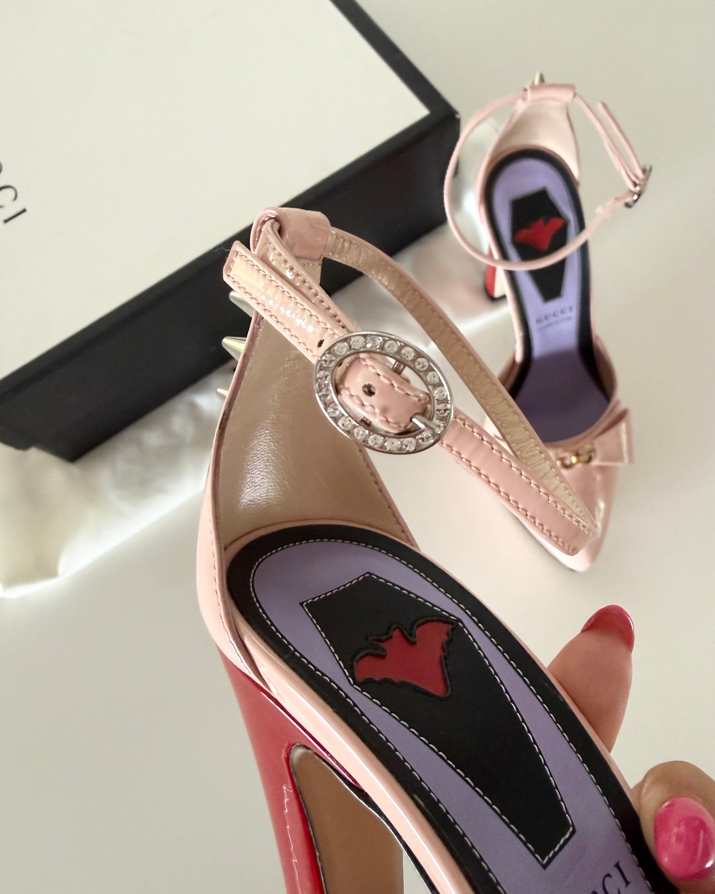 Gucci Light Pink Patent Logo Bow and Spiked D’Orsay with Red Platform Heels Size 36