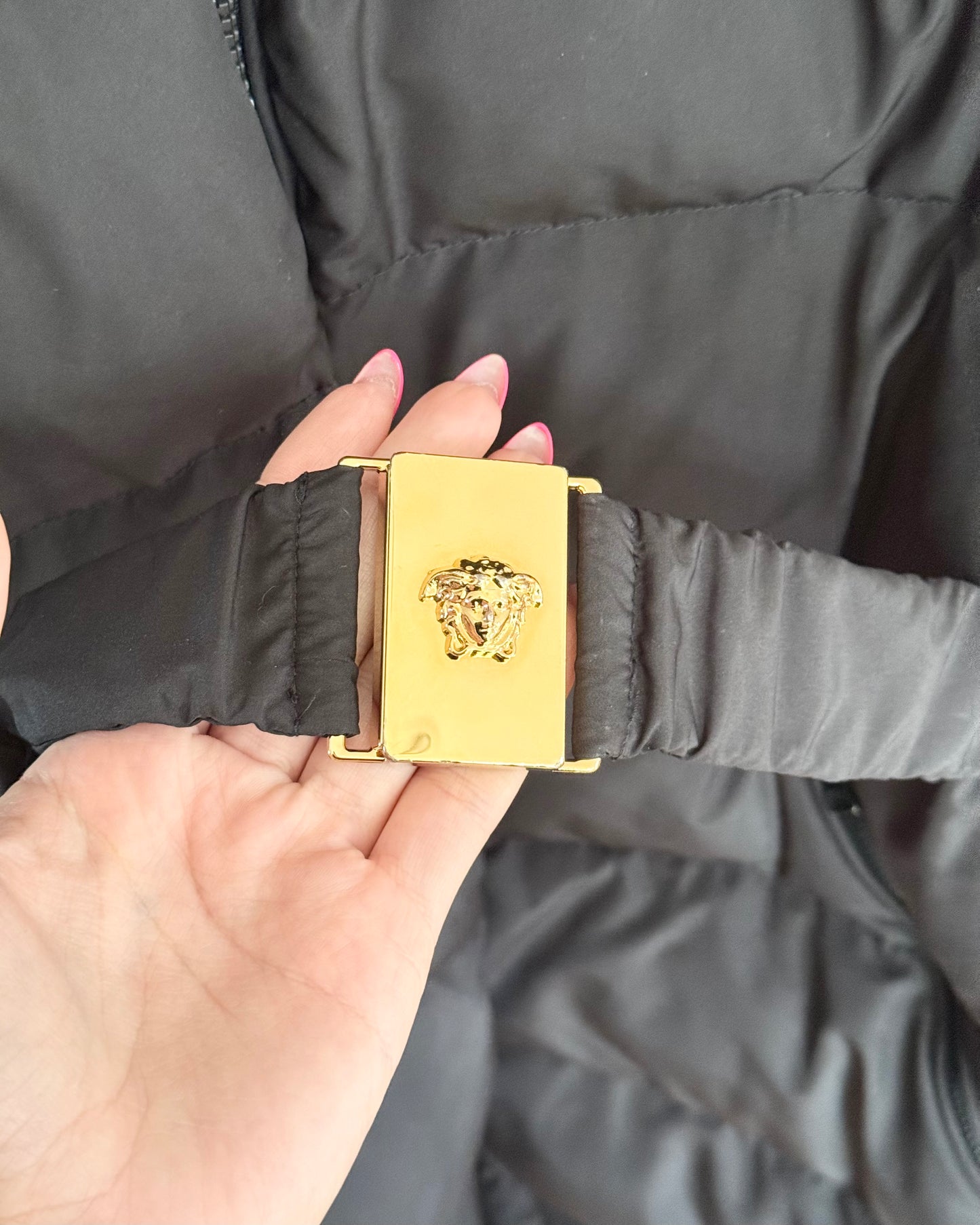Versace Black Medusa Belted Removable Hooded Long Puffer Coat Size 46