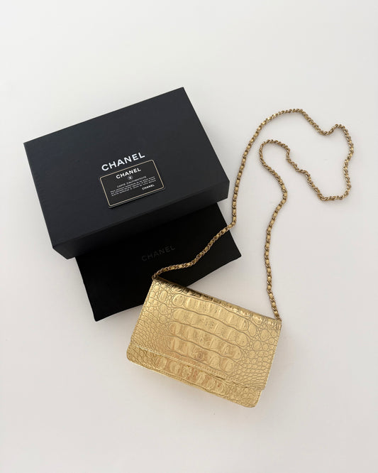 Chanel Gold Croc Embossed Wallet on Chain