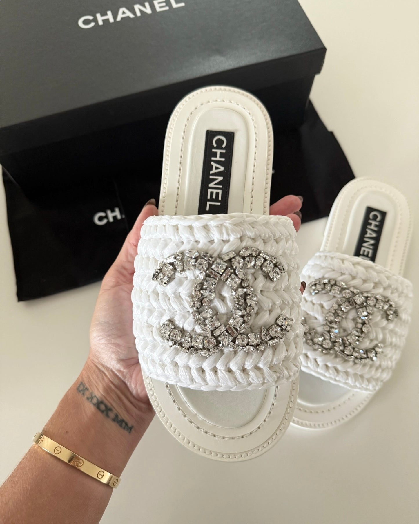 Chanel White Raffia and Leather Mules with Crystal Logo Size 37