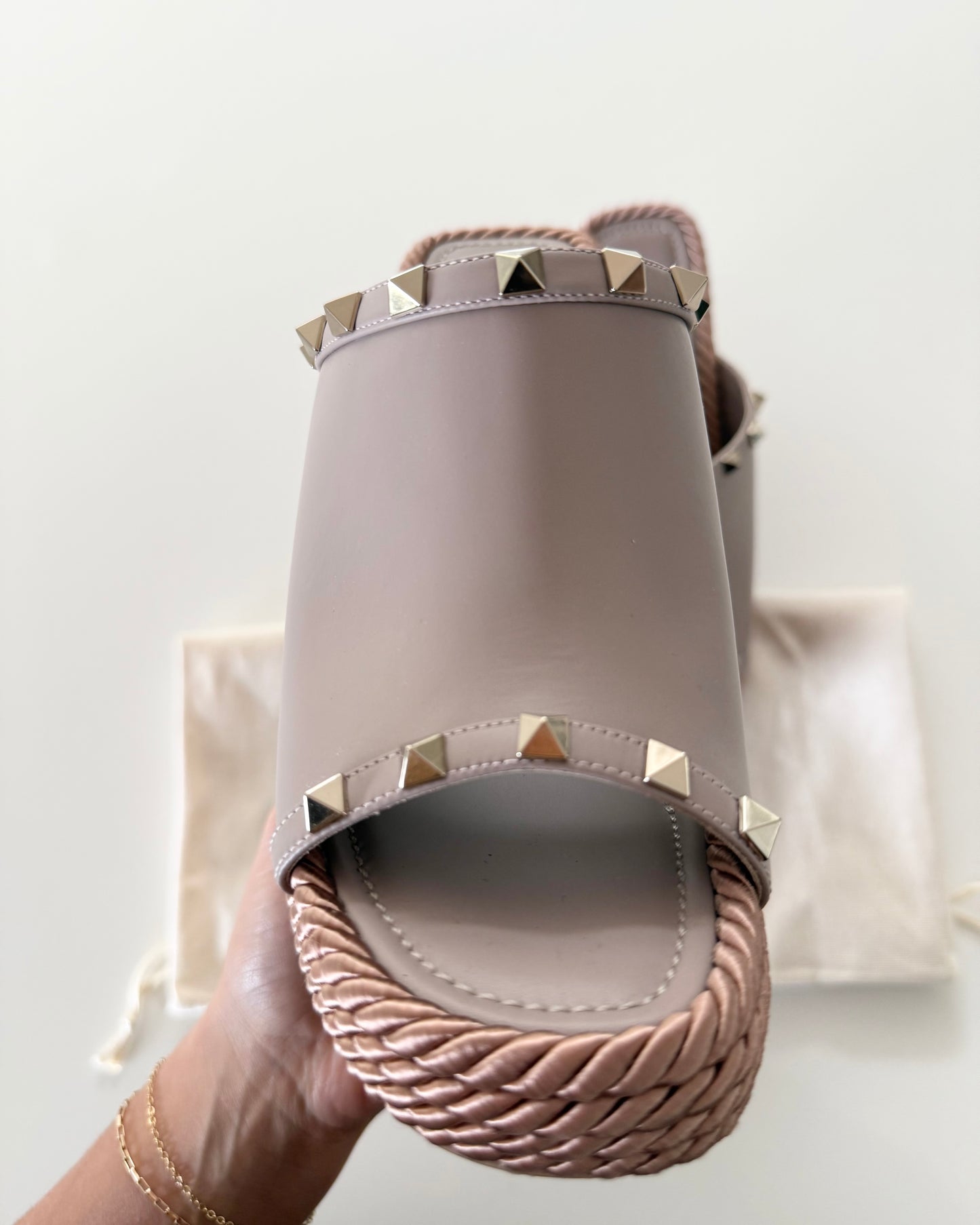 Valentino Beige with Light Gold Rockstud and Rose Roped Espadrilles Size 38