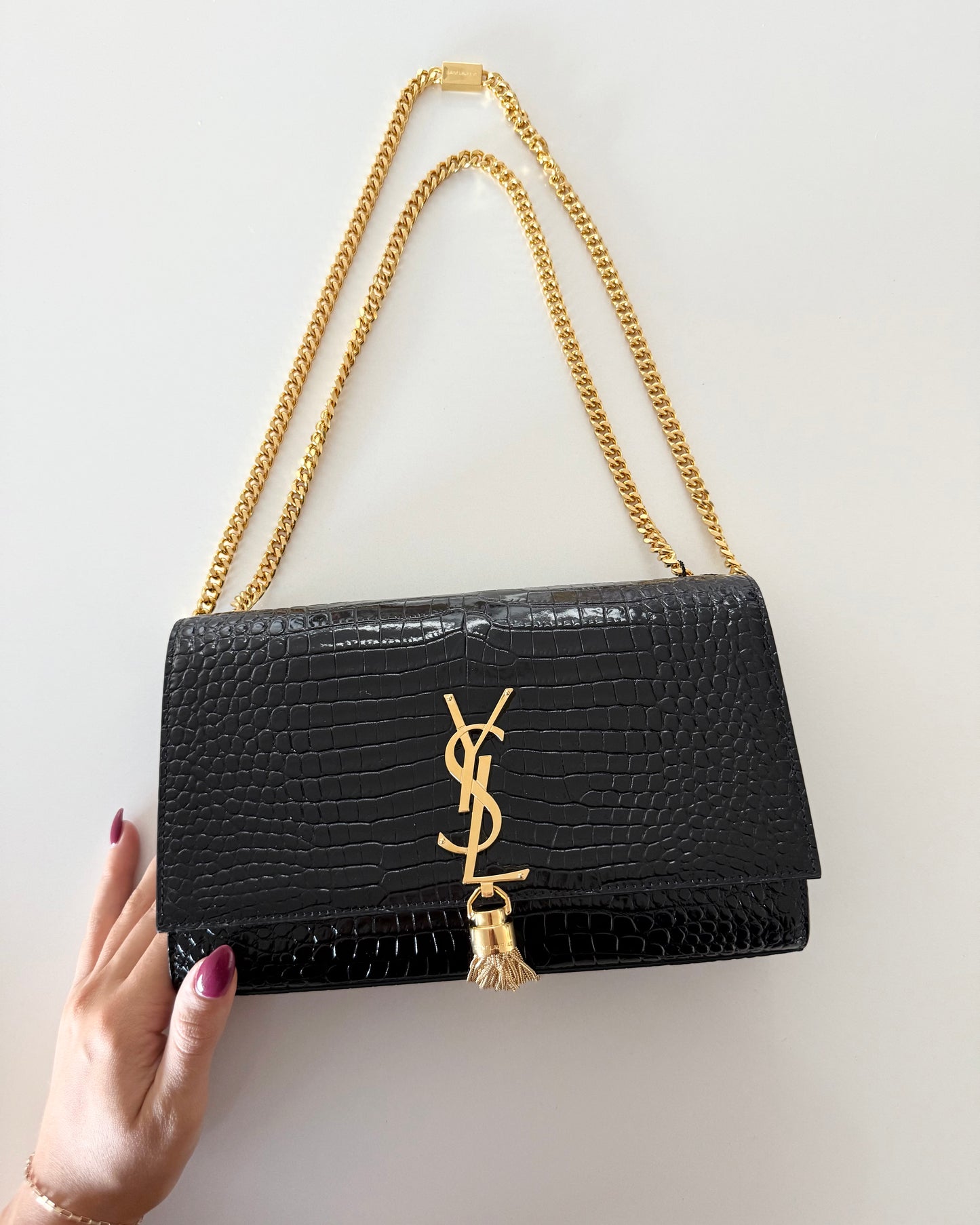 Saint Laurent Black Croc Embossed Patent Leather Medium Kate