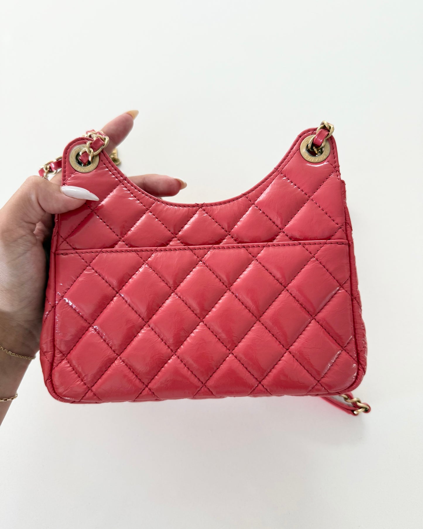 Chanel Coral Shiny Leather Small Wavy Hobo