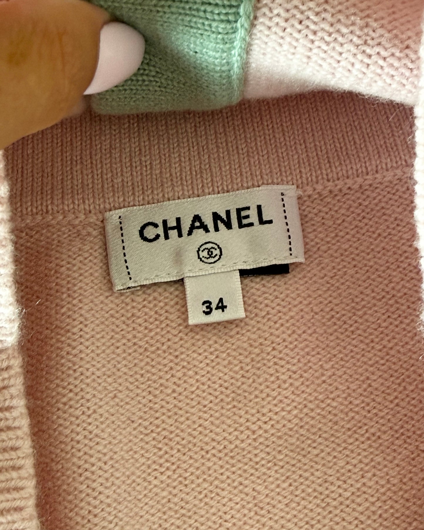 Chanel RARE Pink Cashmere Halter Top with Green Trim and Crystal Logo Ombre Buttons Size 34