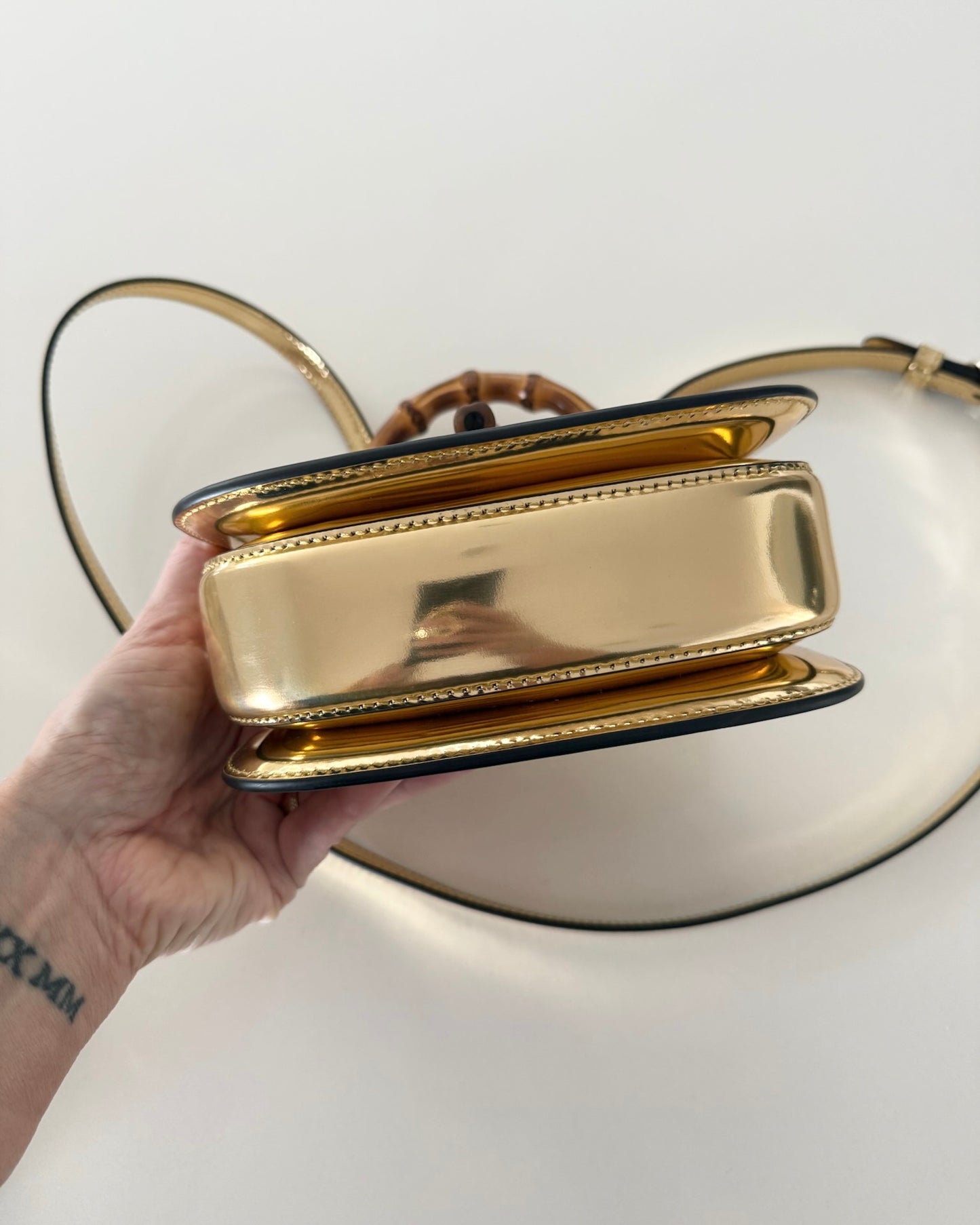 Gucci Limited Edition Gold Metallic Patent Leather Mini 1947 Bamboo Top Handle Bag