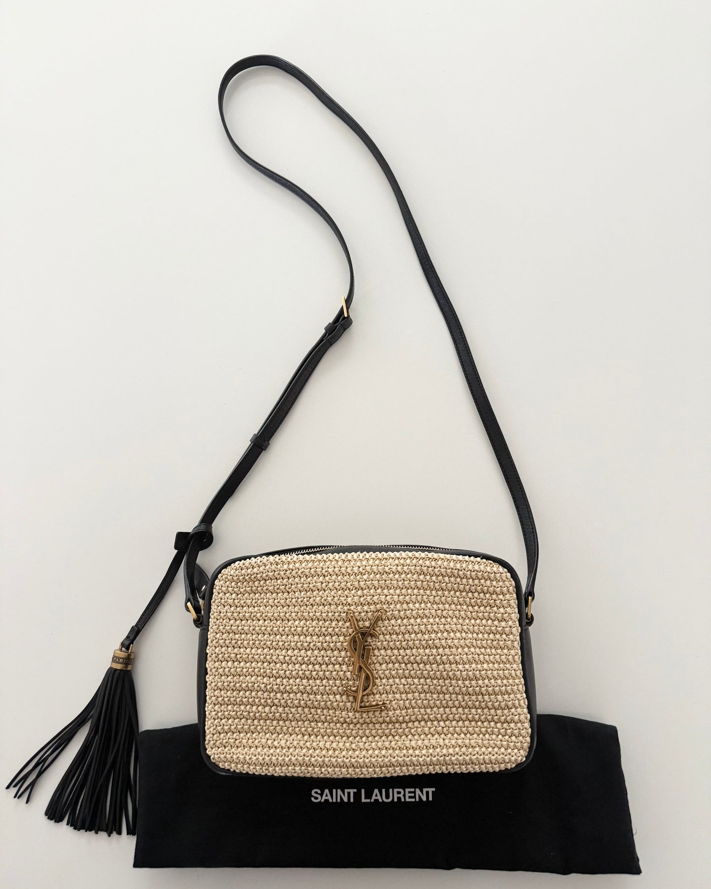 Saint Laurent Black Leather and Raffia Lou Camera Bag