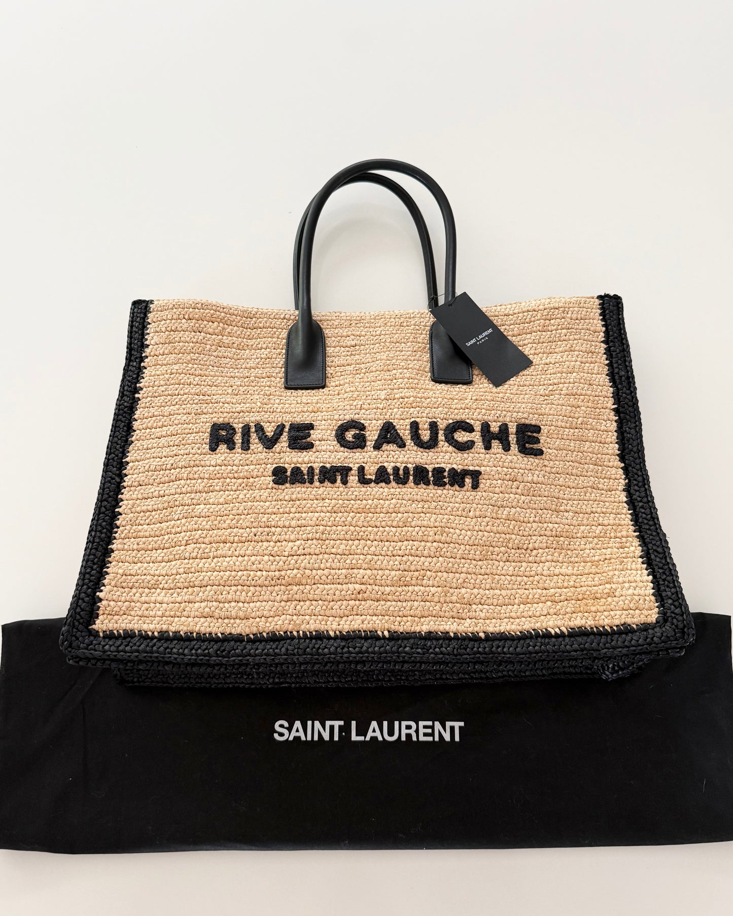 Saint Laurent Raffia and Black Leather Rive Gauche Tote