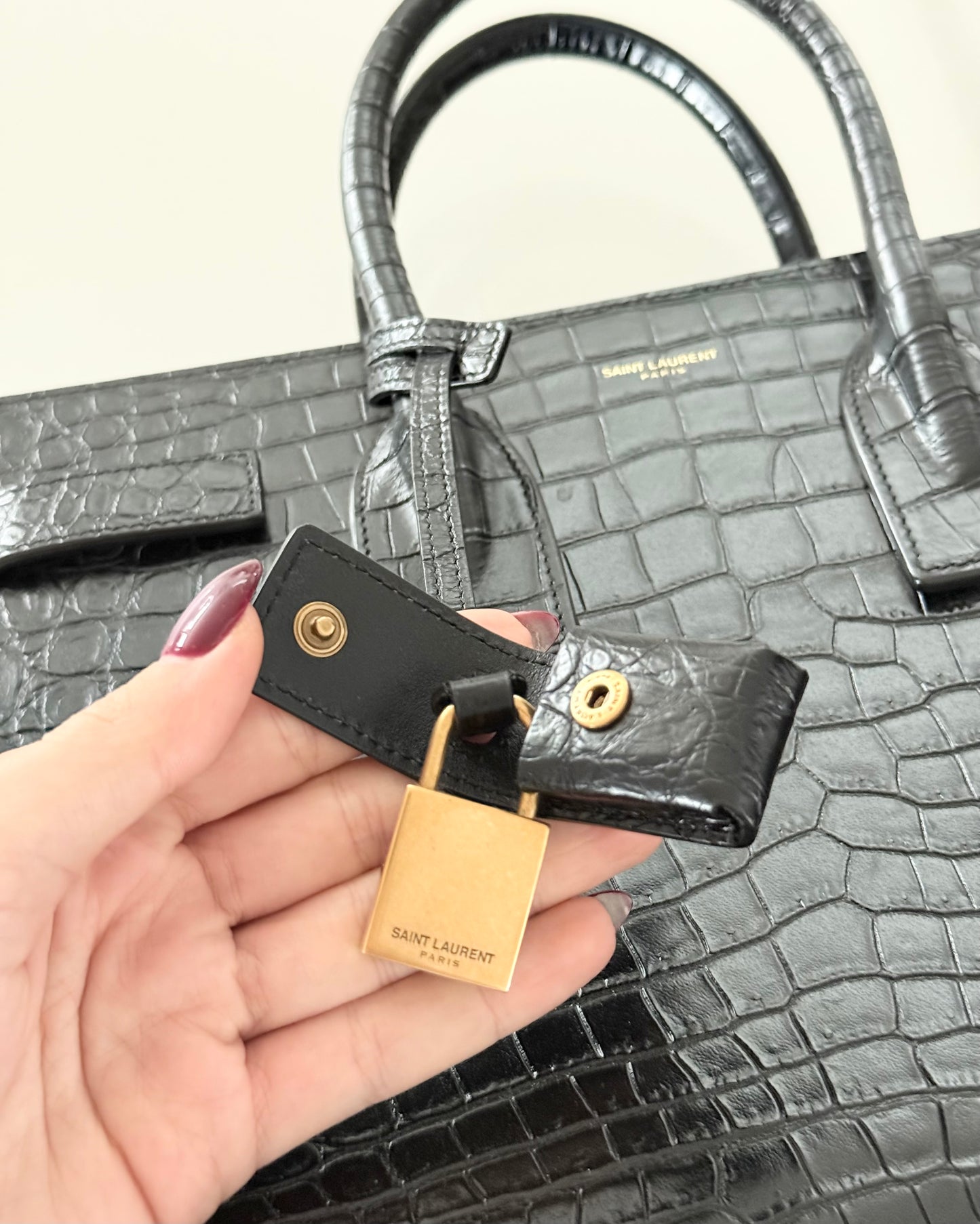 Saint Laurent Black Croc Embossed Small Sac De Jour