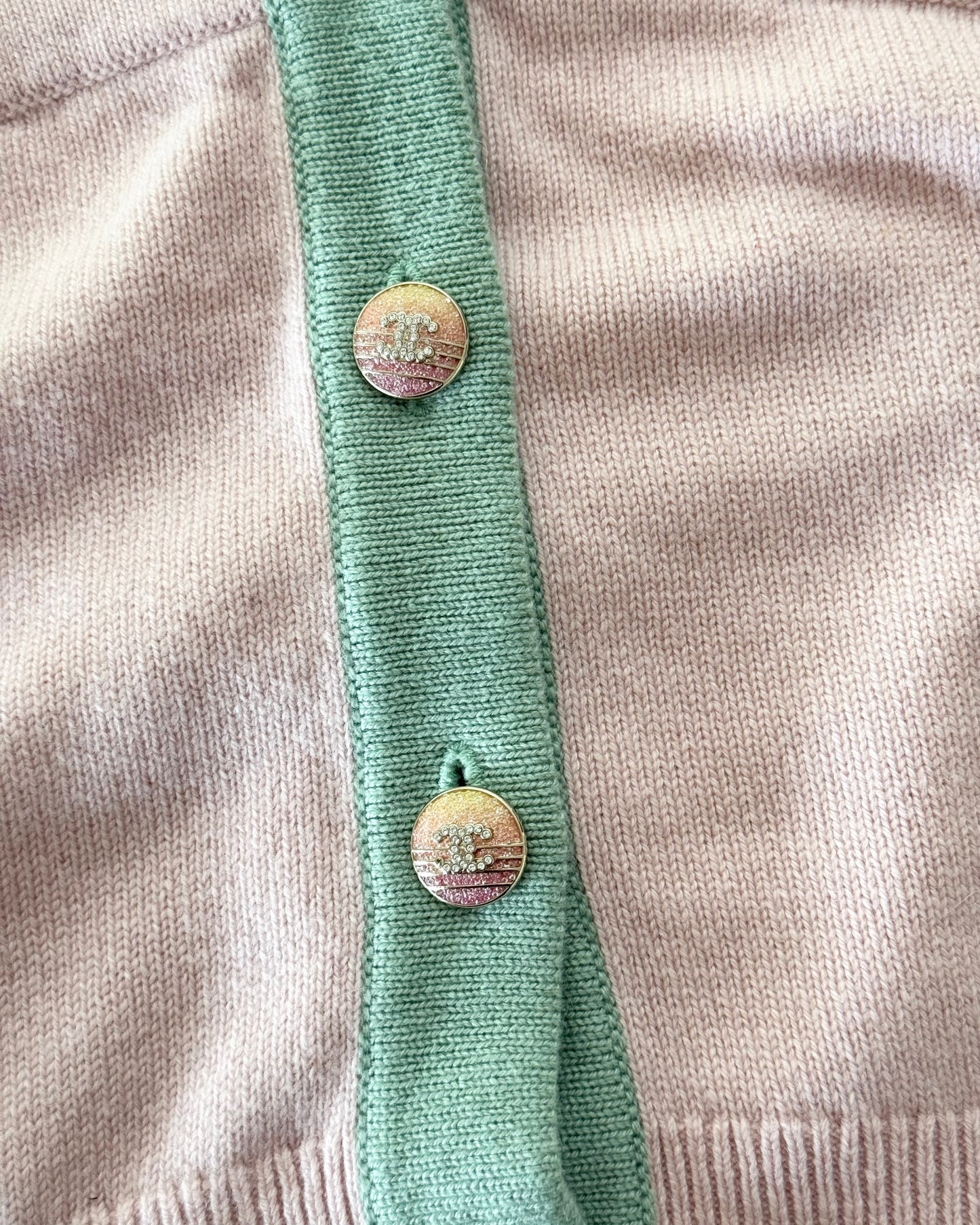 Chanel RARE Pink Cashmere Halter Top with Green Trim and Crystal Logo Ombre Buttons Size 34