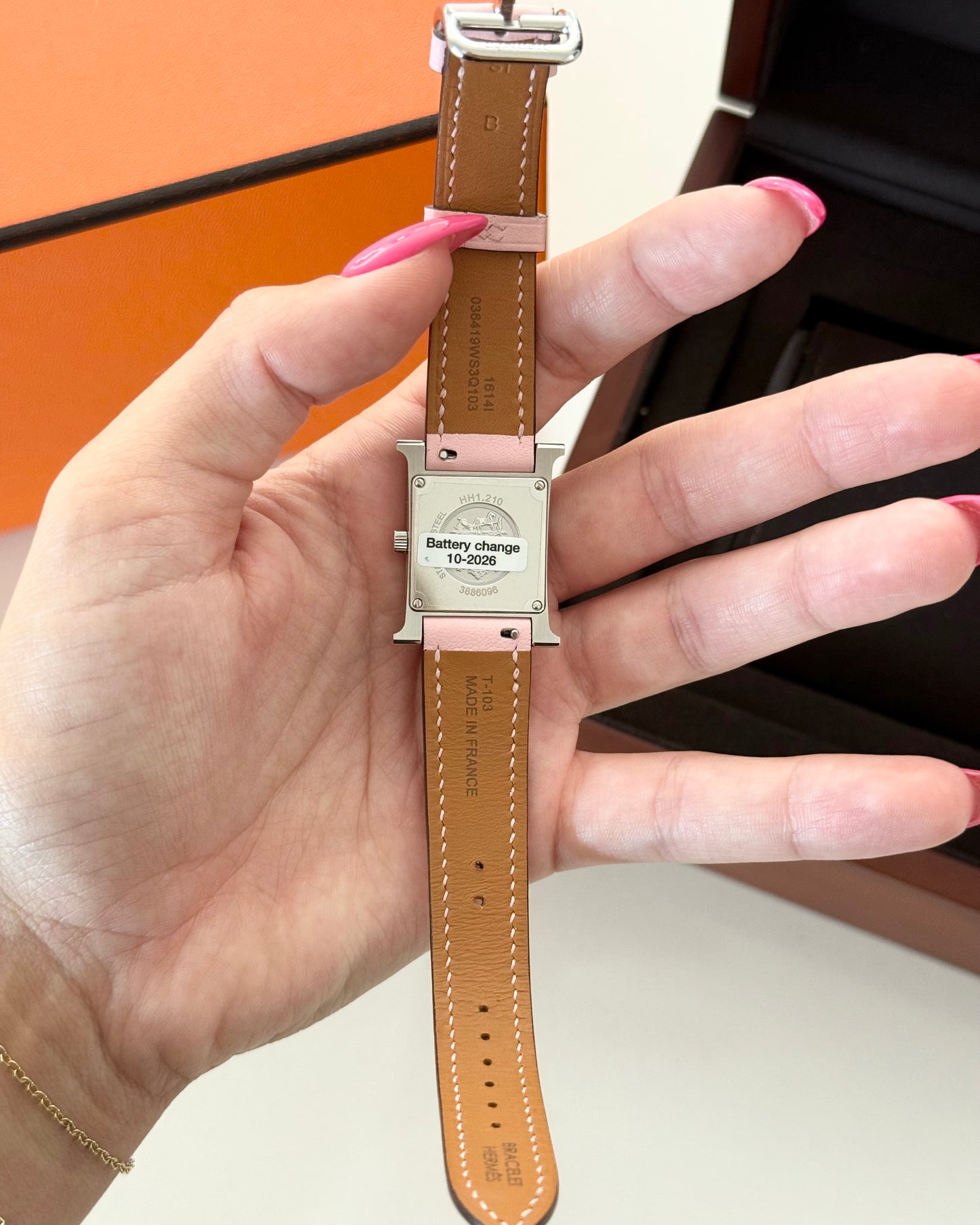 Hermes Pink Sakura and Steel Small Model Heure H Watch with Diamond Set and White Mother of Pearl dial from 2023