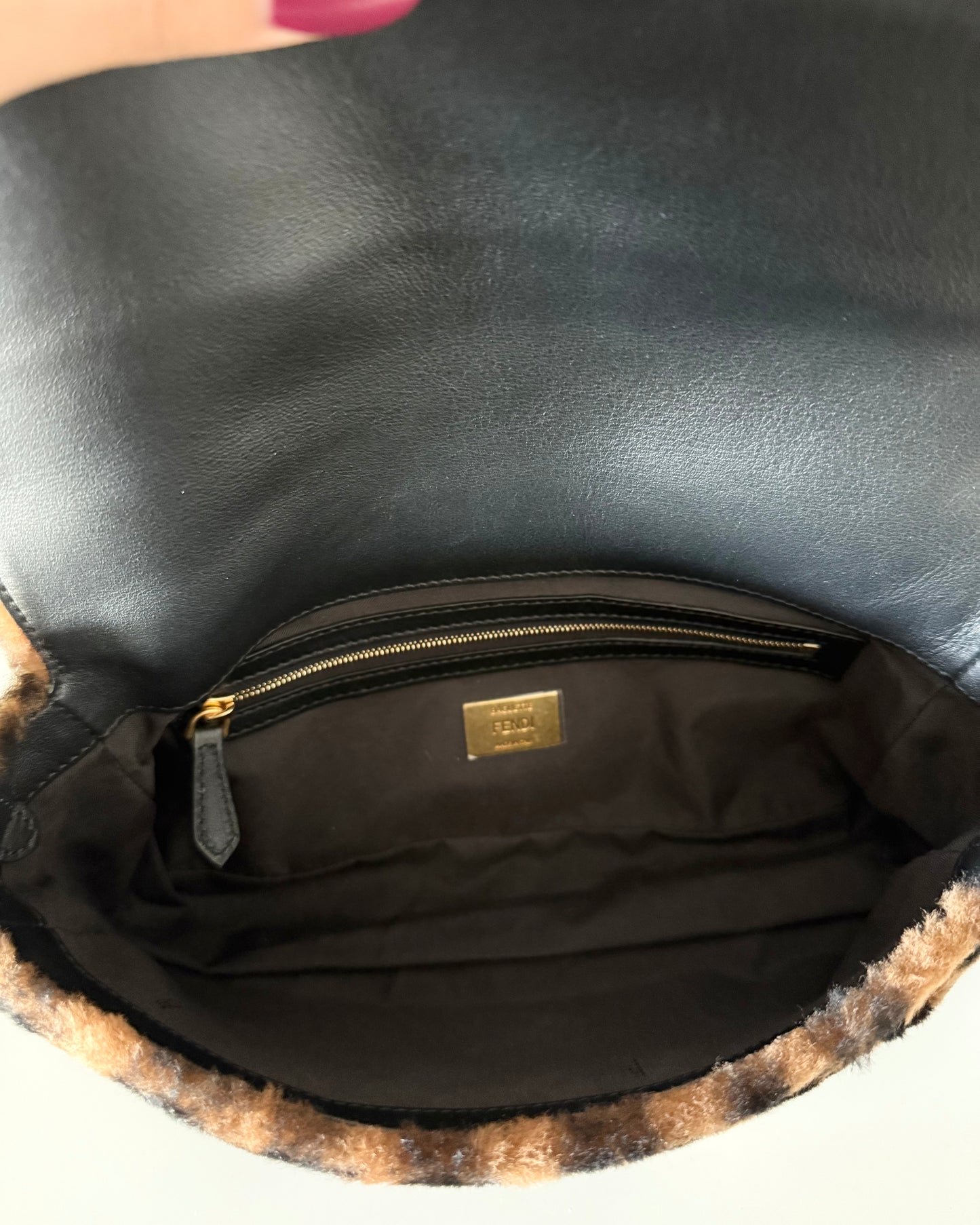 Fendi Limited Edition Shearling Macro FF Black/Tobacco Baguette