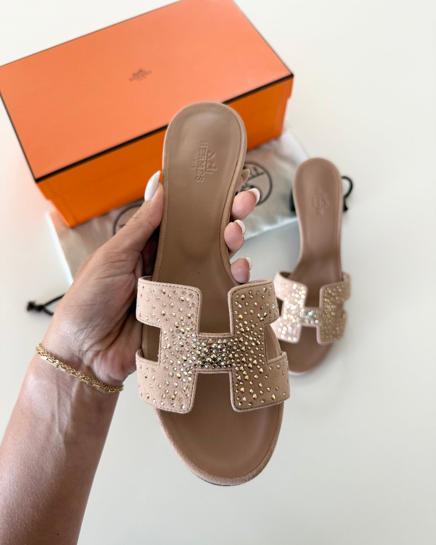 Hermes Suede Nude and Crystal Oasis Sandals size 37 new with box and dustbags