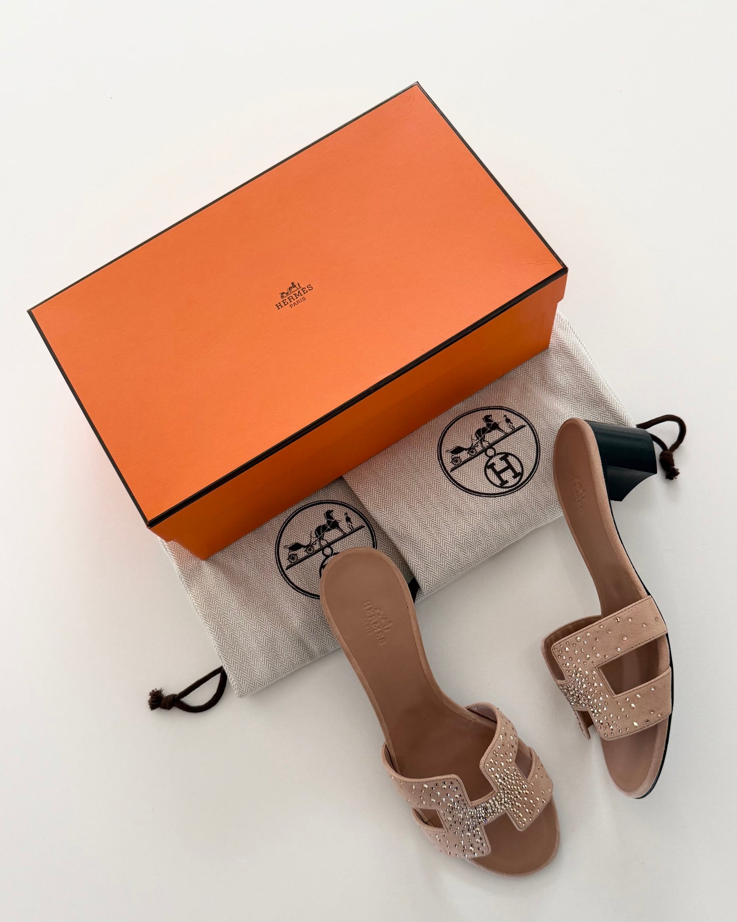 Hermes Suede Nude and Crystal Oasis Sandals size 37 new with box and dustbags