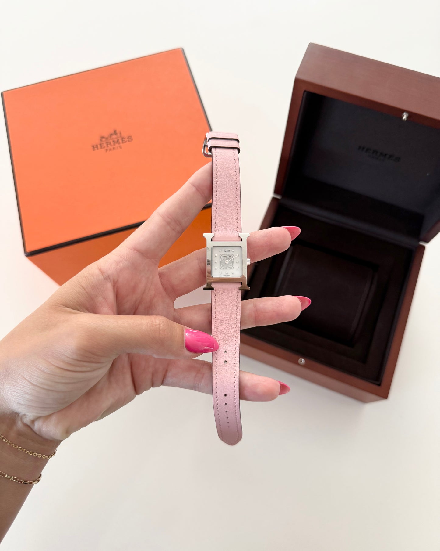 Hermes Pink Sakura and Steel Small Model Heure H Watch with Diamond Set and White Mother of Pearl dial from 2023