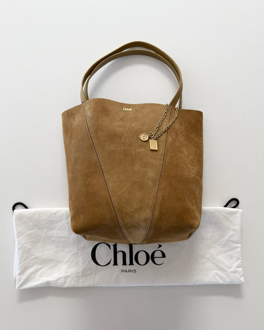 Chloe Gold Khaki Suede Spin Medium Bag With Charm