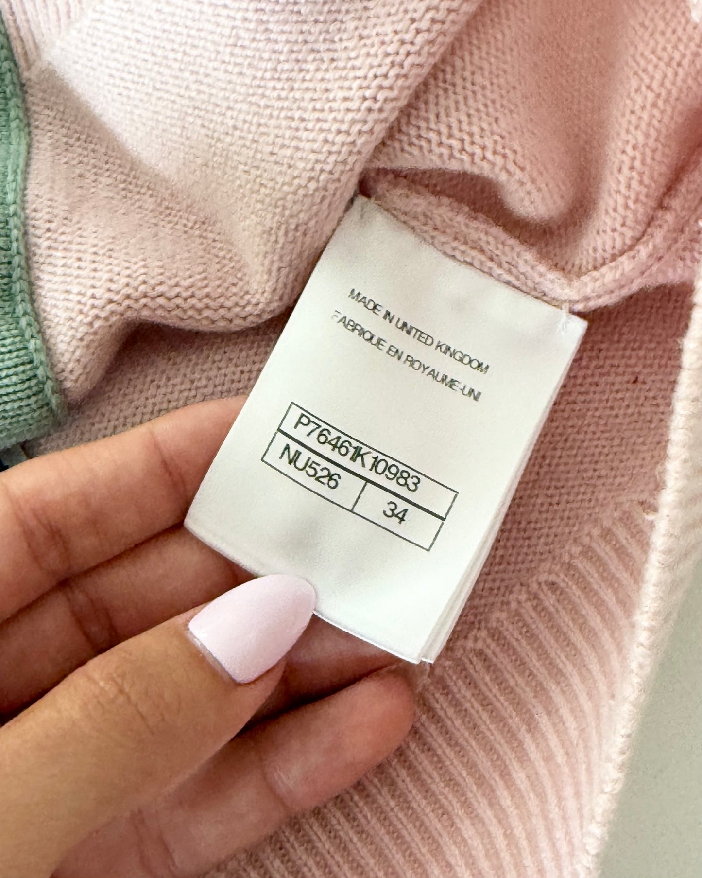 Chanel RARE Pink Cashmere Halter Top with Green Trim and Crystal Logo Ombre Buttons Size 34