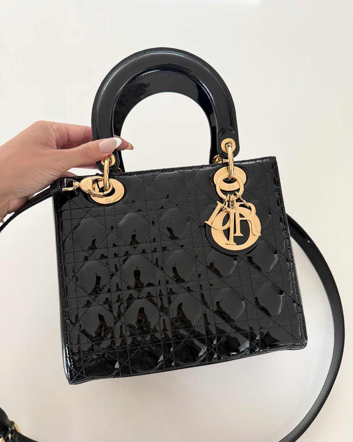 Christian Dior Black Patent Medium Lady Dior Bag