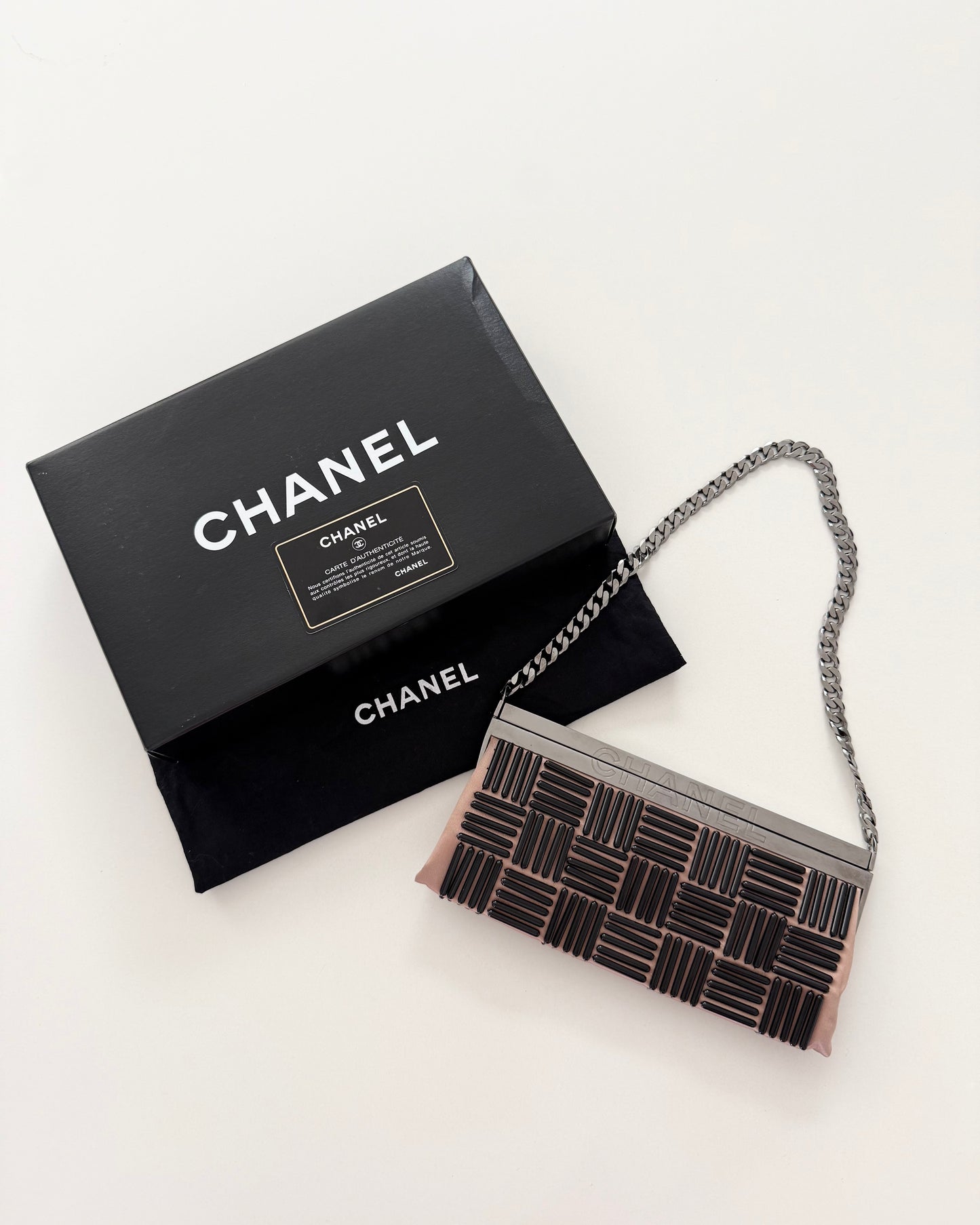 Chanel RARE Vintage Beige Logo Nameplate Satin Silk Beaded Red Carpet Gala Clutch