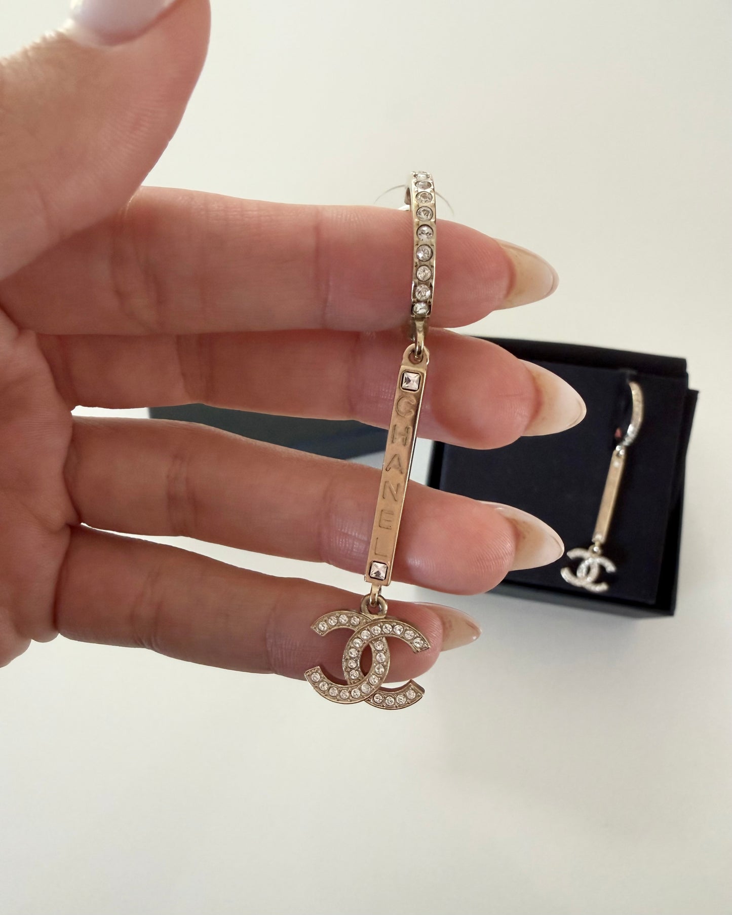 Chanel Goldtone and Crystal Hoop Bar Drop Logo Earrings from 21P