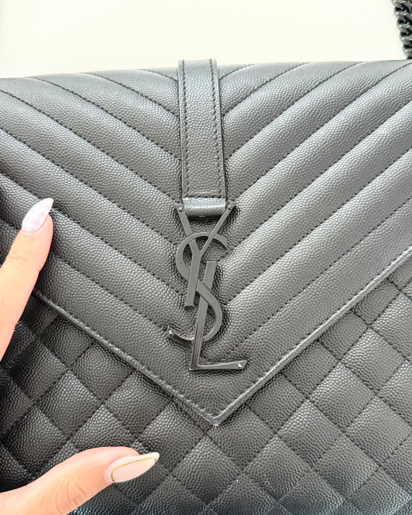 Saint Laurent All Black Grained Leather Matelasse Triquilt Flap Bag