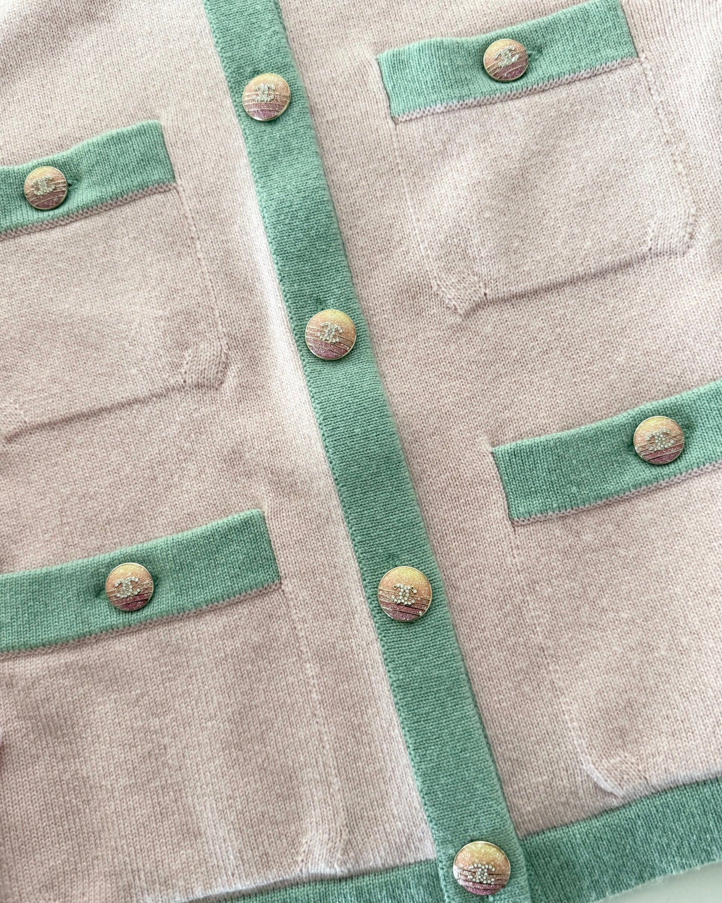 Chanel RARE Pink Cashmere Cardigan with Green Trim and Crystal Logo Ombre Buttons Size 34