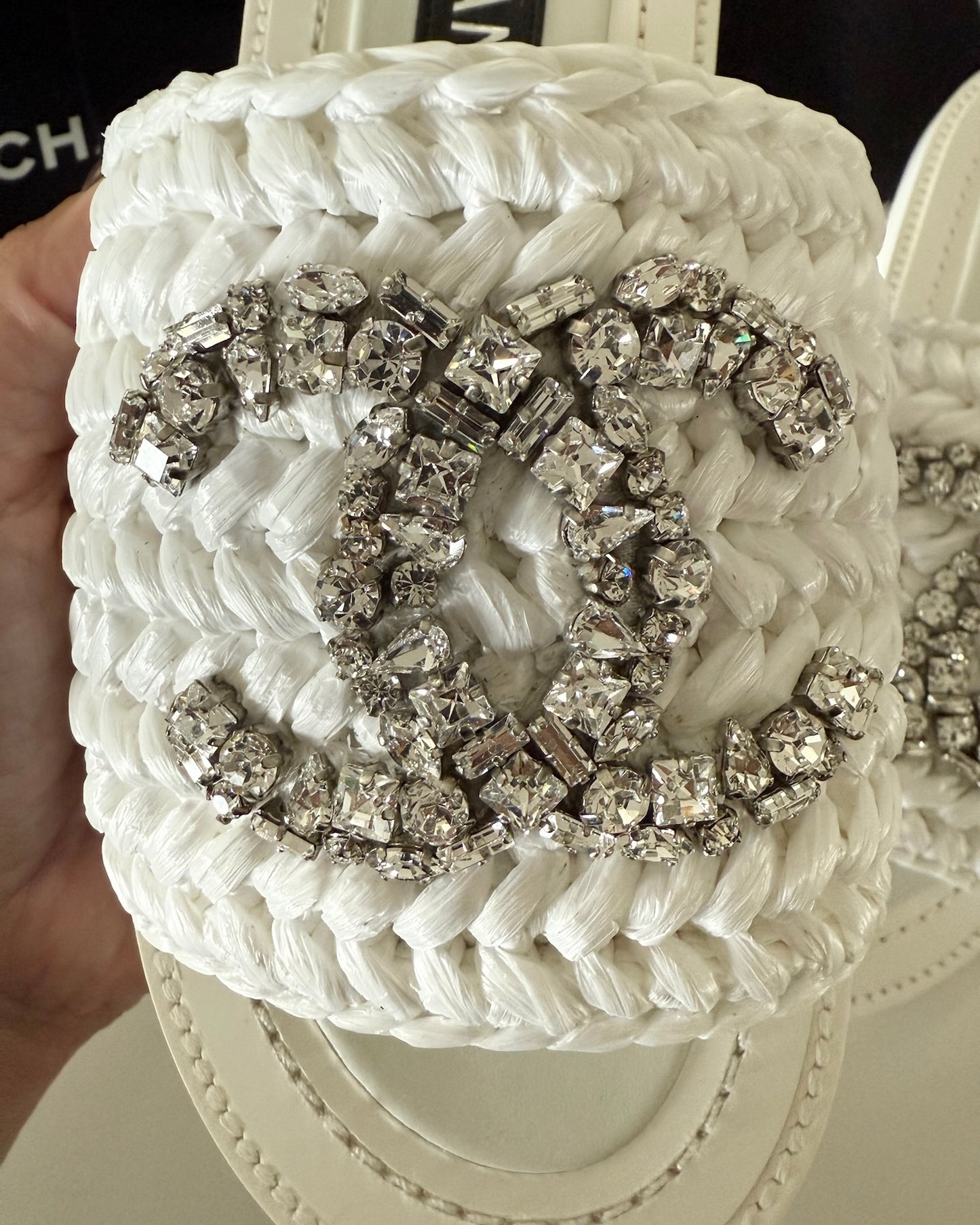 Chanel White Raffia and Leather Mules with Crystal Logo Size 37
