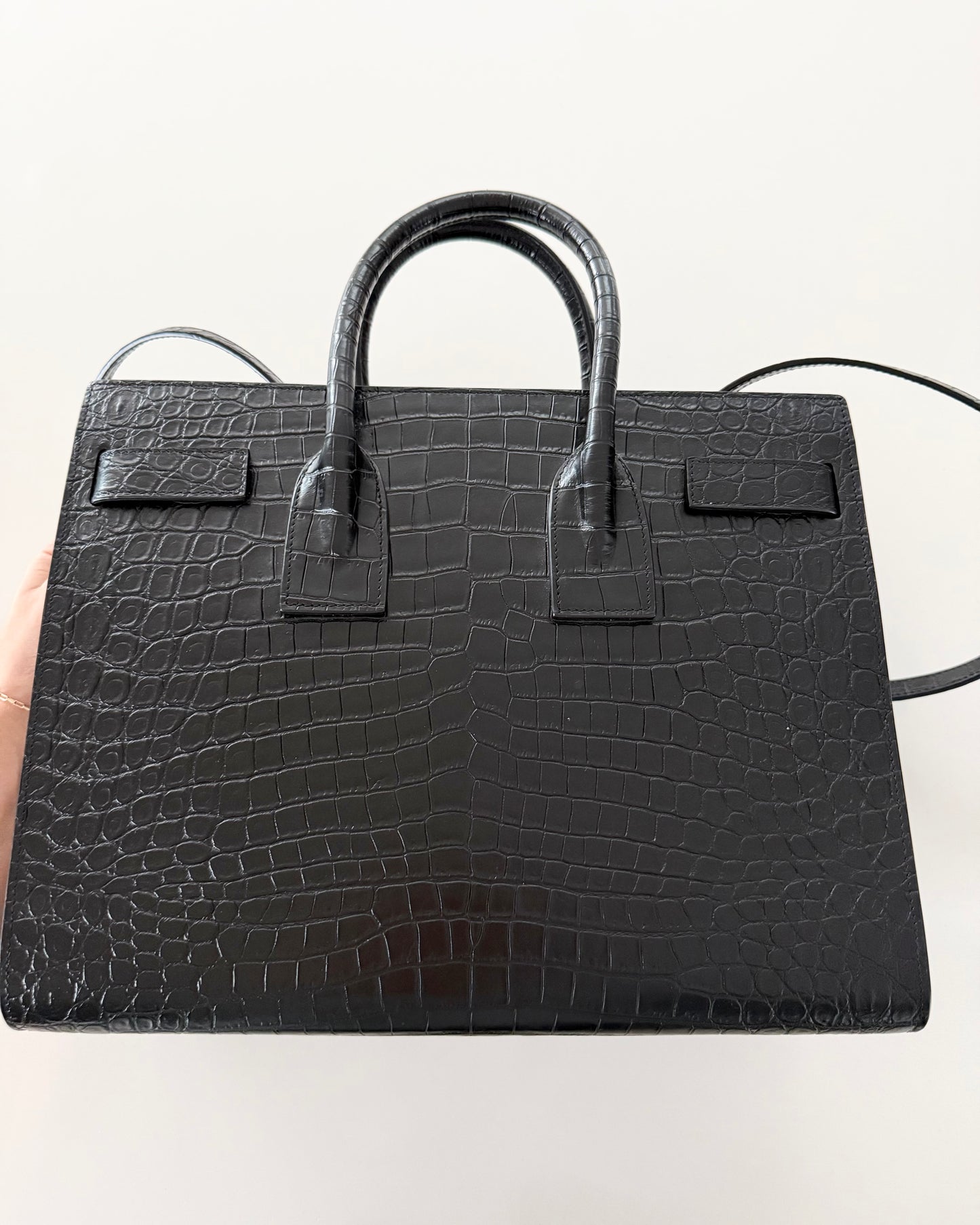 Saint Laurent Black Croc Embossed Small Sac De Jour