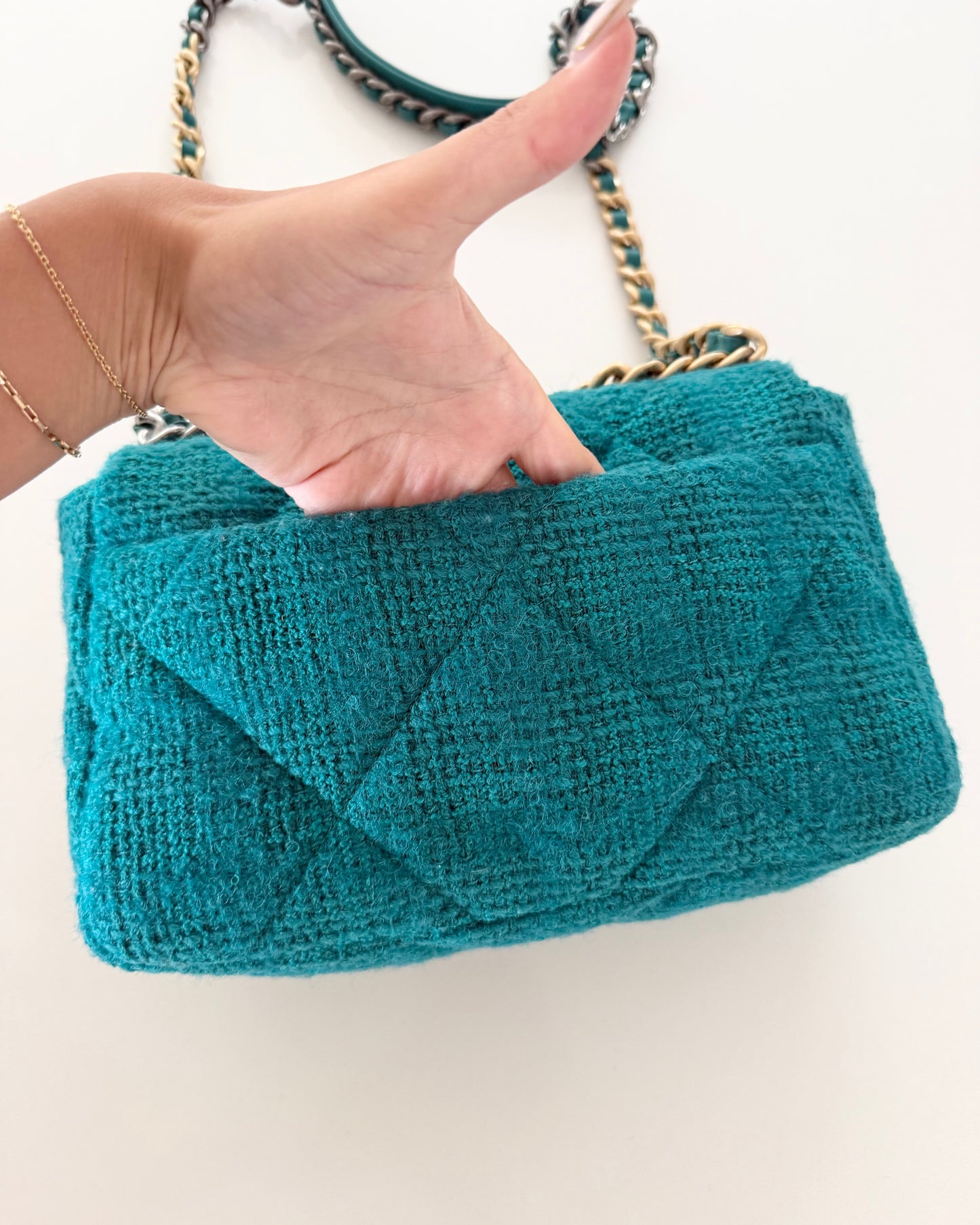 Chanel Teal Tweed Small 19 Bag