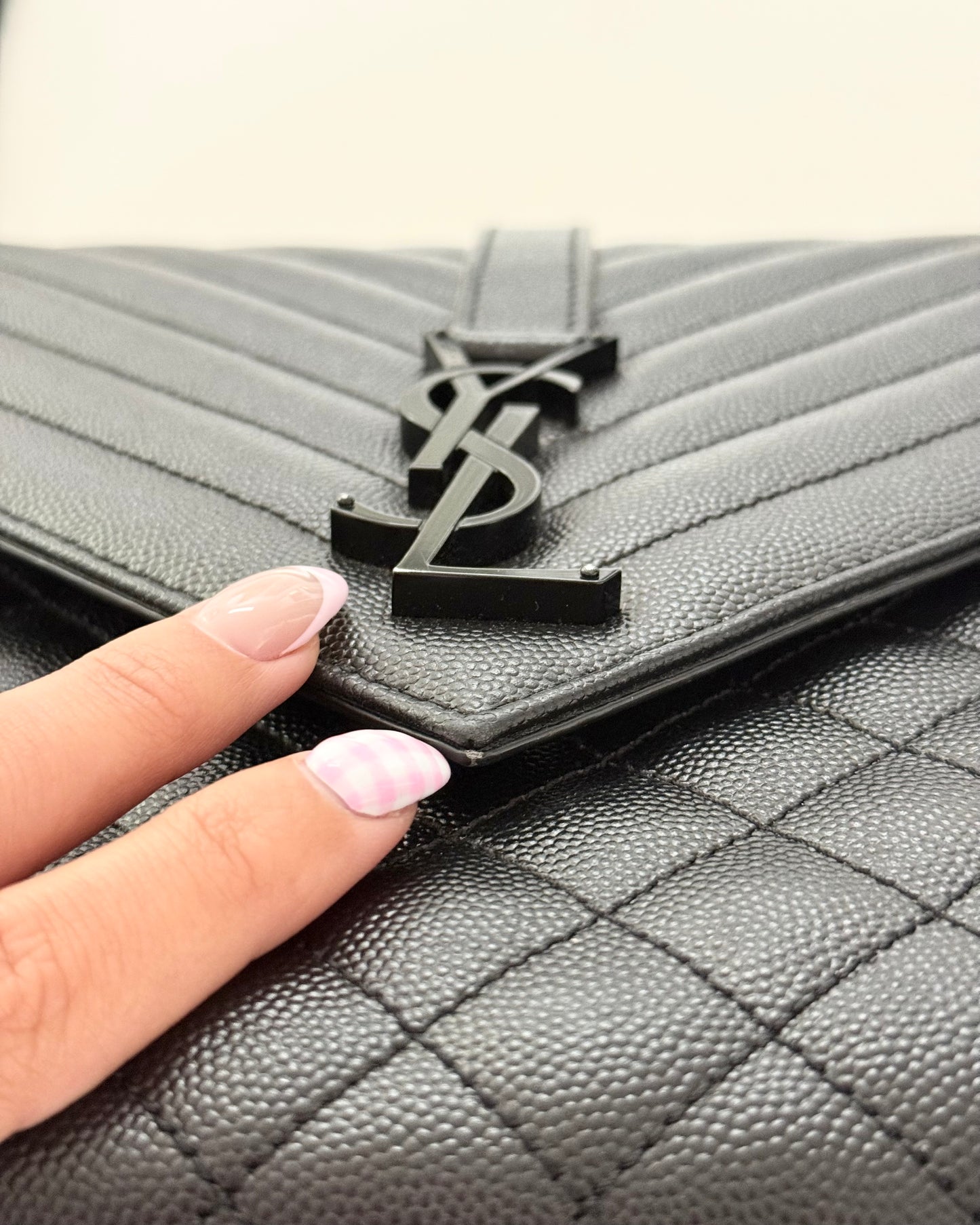 Saint Laurent All Black Grained Leather Matelasse Triquilt Flap Bag