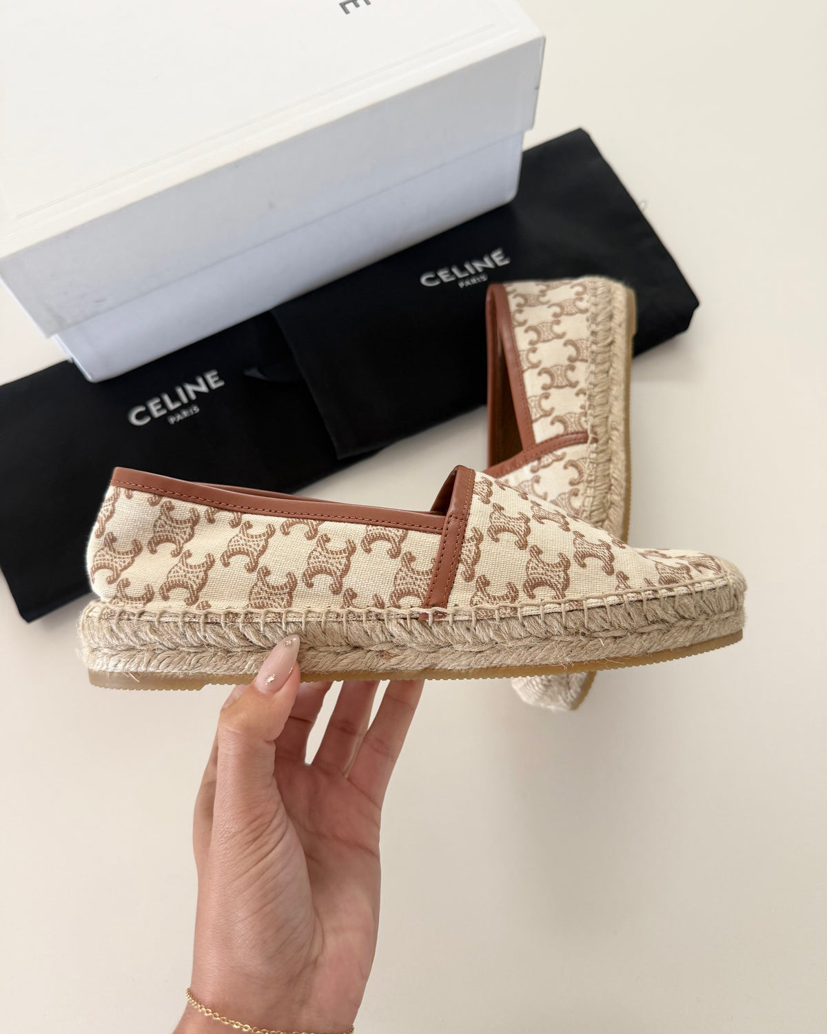 Celine Cream and Brown Triomphe Jacquard Logo Espadrilles Size 39