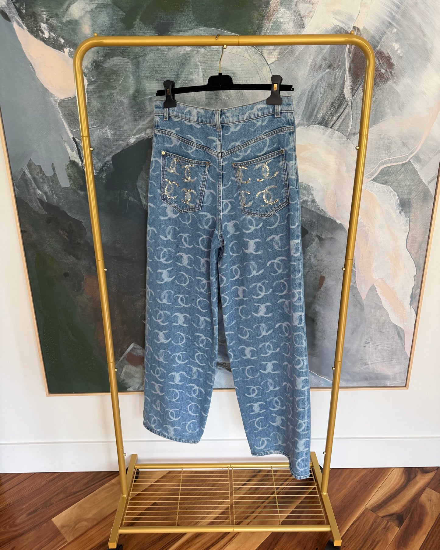 Chanel Runway from 23B Blue Logo Baggy Denim with Gold Logos on Back Pockets size 36