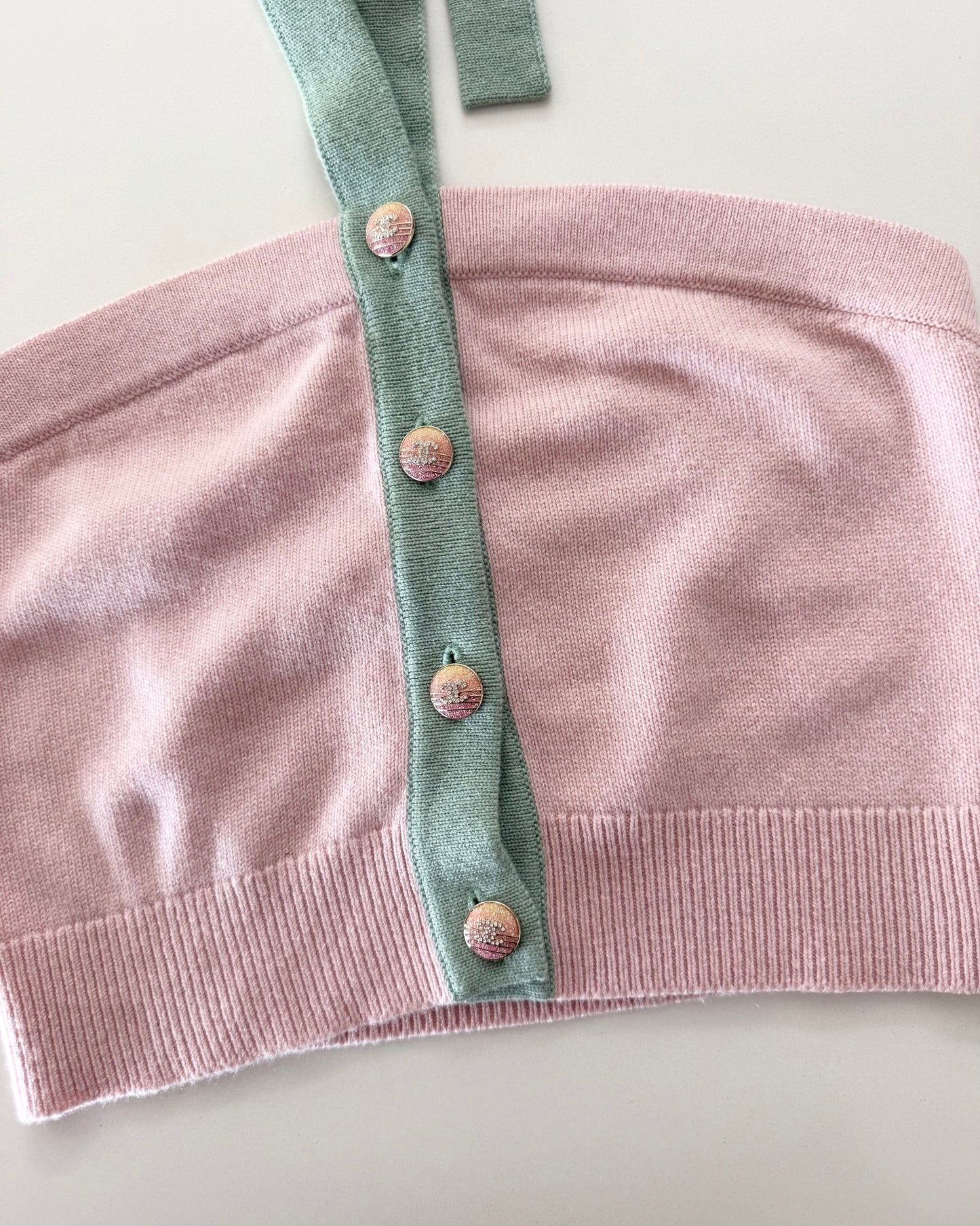 Chanel RARE Pink Cashmere Halter Top with Green Trim and Crystal Logo Ombre Buttons Size 34