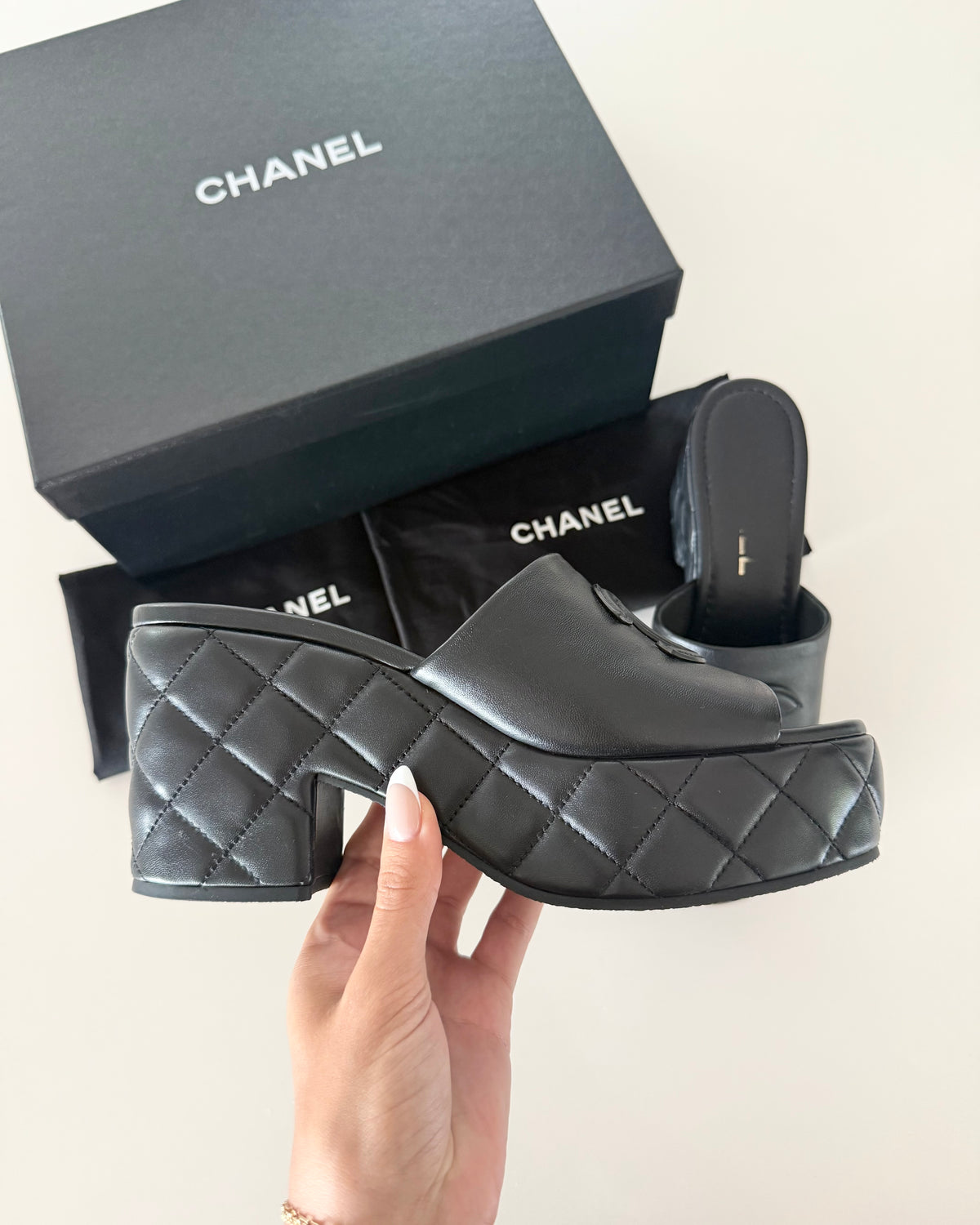 Chanel Black Quilted Platform Logo Heeled Mules Size 40