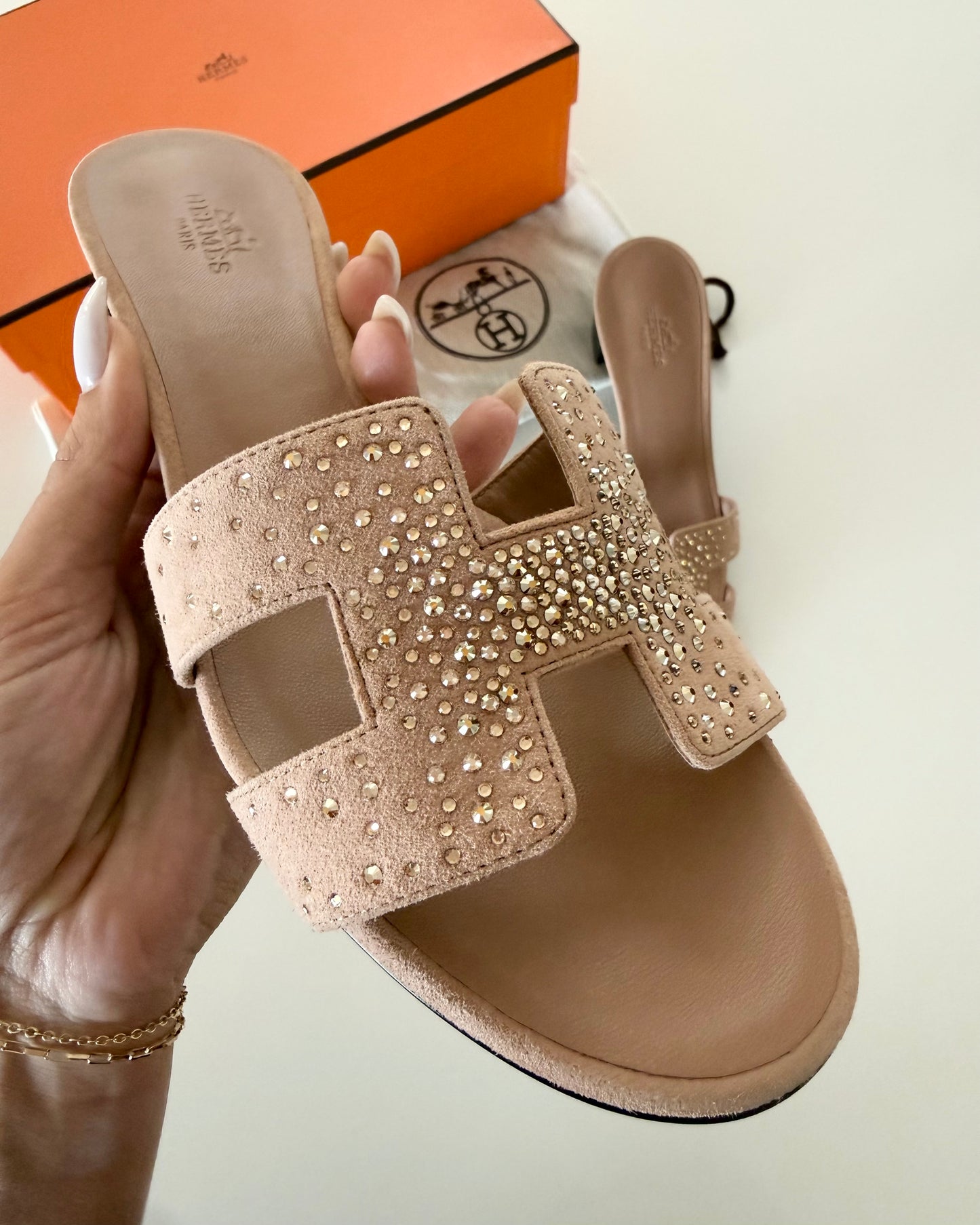 Hermes Suede Nude and Crystal Oasis Sandals size 37 new with box and dustbags