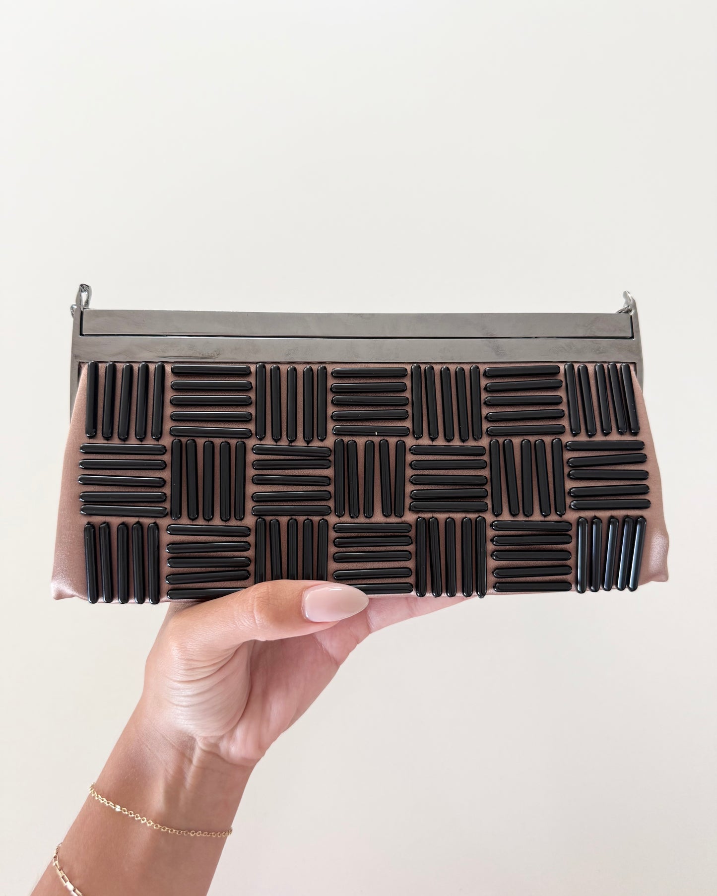 Chanel RARE Vintage Beige Logo Nameplate Satin Silk Beaded Red Carpet Gala Clutch
