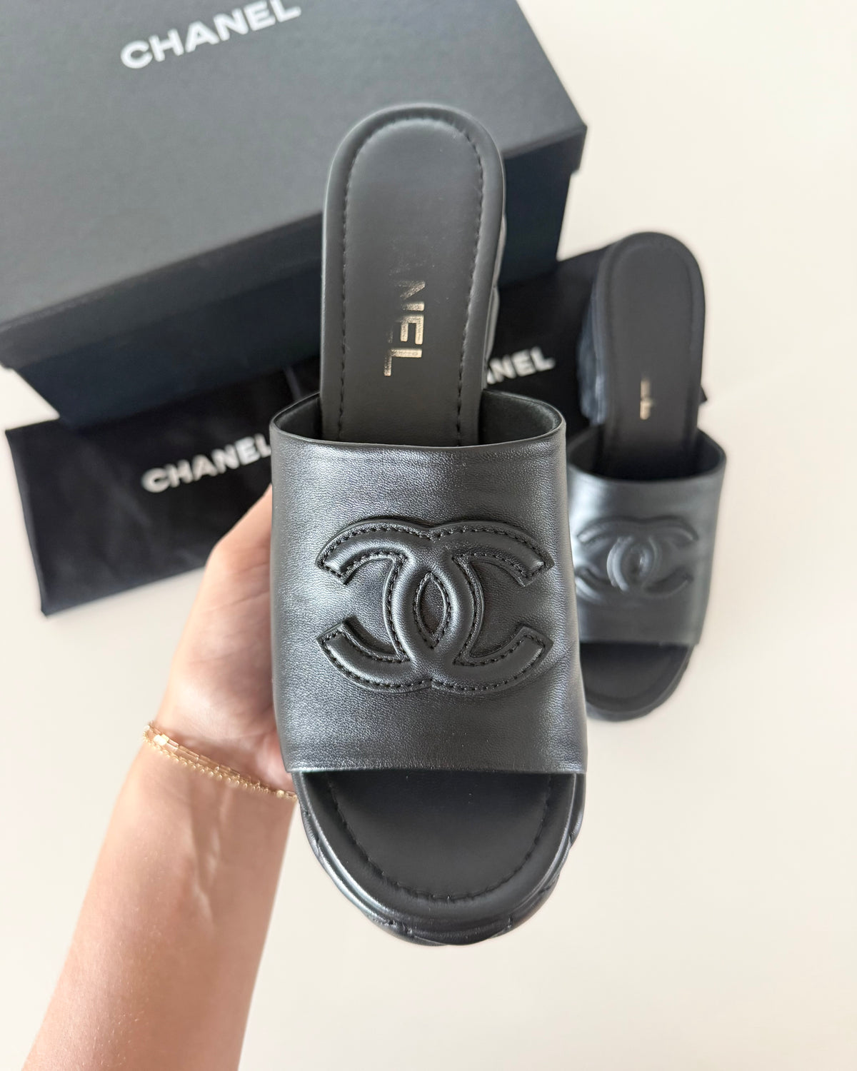 Chanel Black Quilted Platform Logo Heeled Mules Size 40